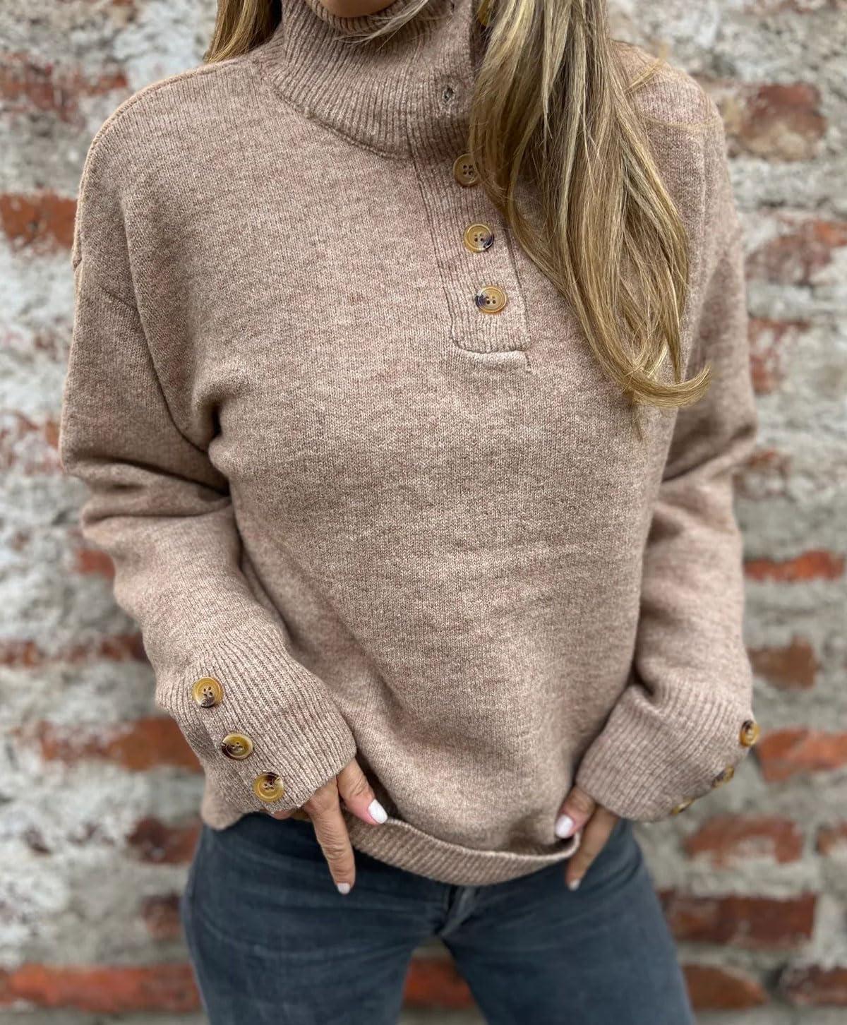 imageCHARTOU Women Fall Polo Collared Sweater Quarter Button Loose Golf Pullover Sweater Jumper TopsKhaki