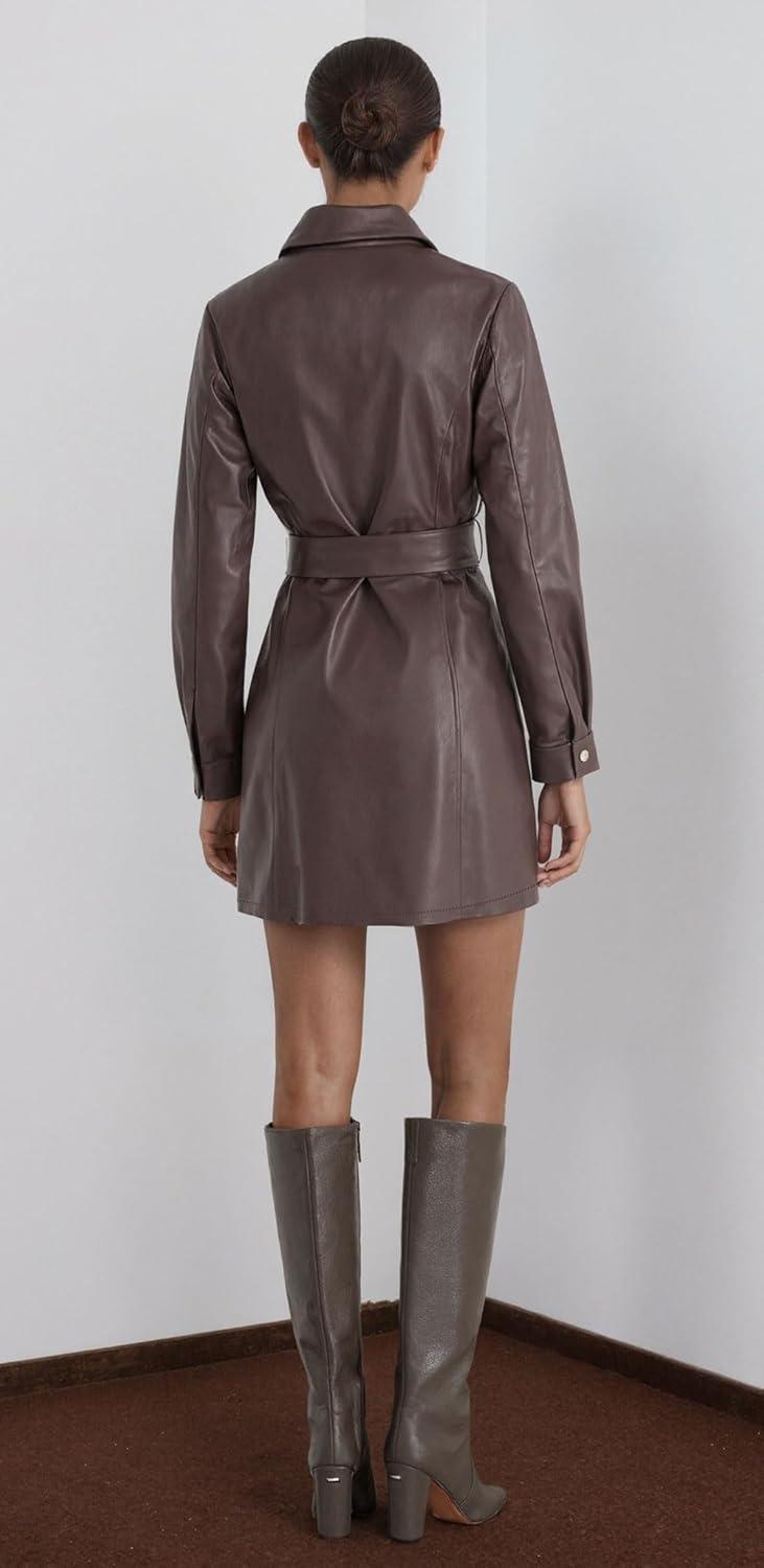 imageCHARTOU Women Faux Leather Mini Dress Long Sleeve Snap Button PU Leather Party Dress with BeltBrown