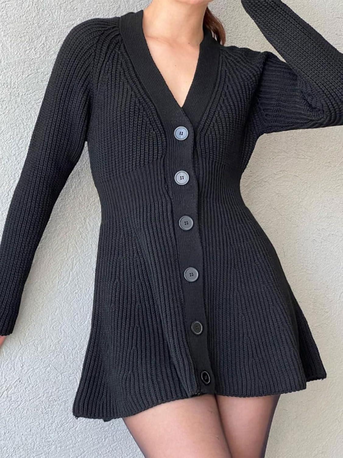 imageCHARTOU Women Long Sleeve Fall Dresses Button Down Cinched Wasited Stretch Knit Sweater DressBlack