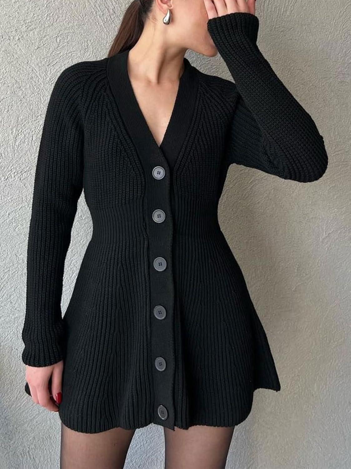 imageCHARTOU Women Long Sleeve Fall Dresses Button Down Cinched Wasited Stretch Knit Sweater DressBlack