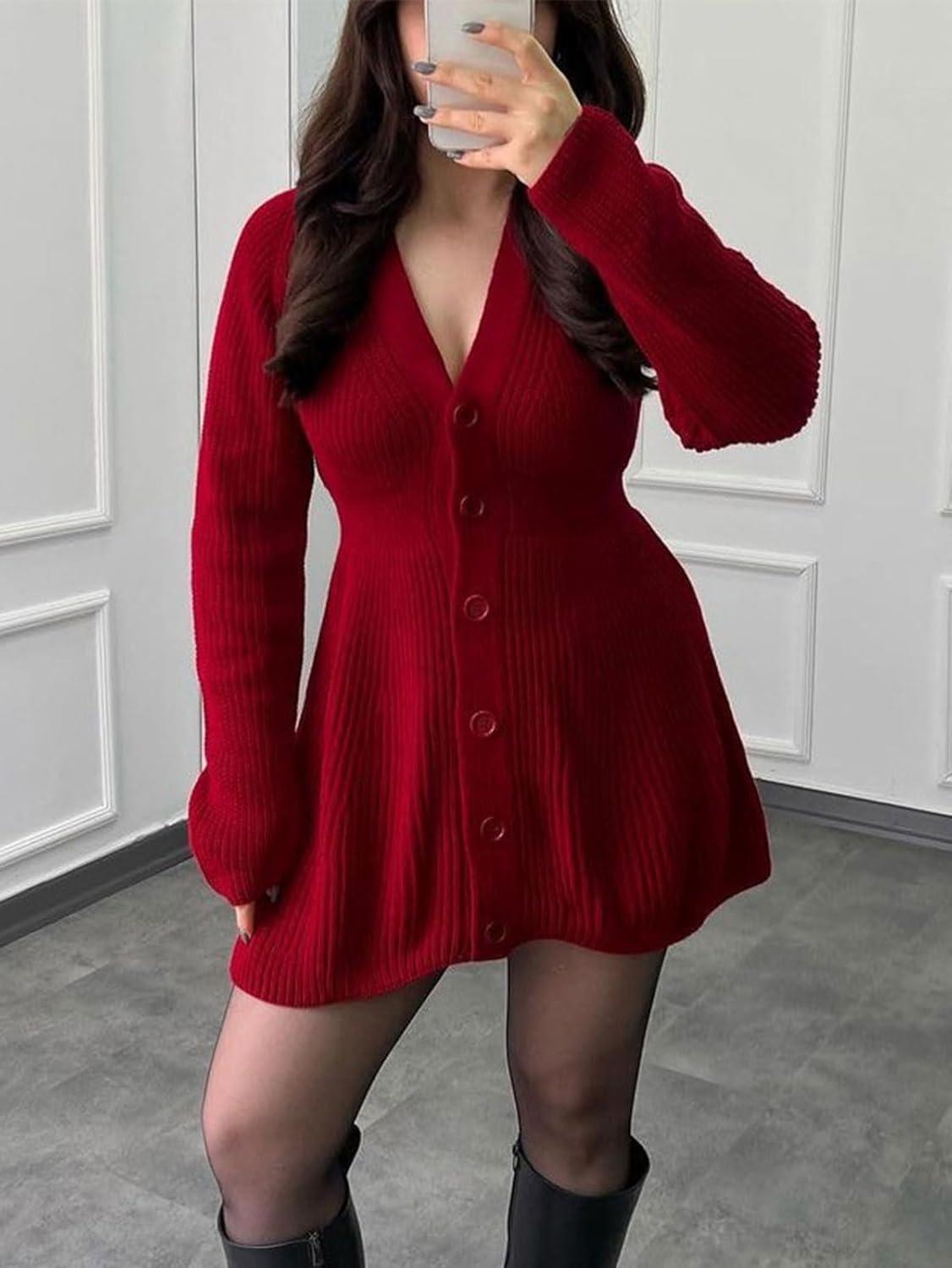 imageCHARTOU Women Long Sleeve Fall Dresses Button Down Cinched Wasited Stretch Knit Sweater DressRed