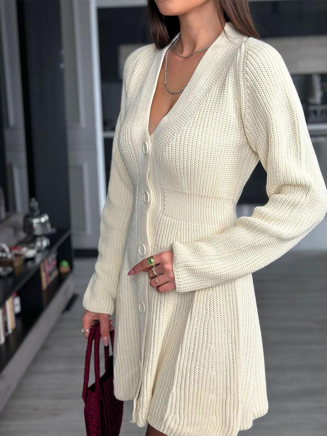 imageCHARTOU Women Long Sleeve Fall Dresses Button Down Cinched Wasited Stretch Knit Sweater DressWhite