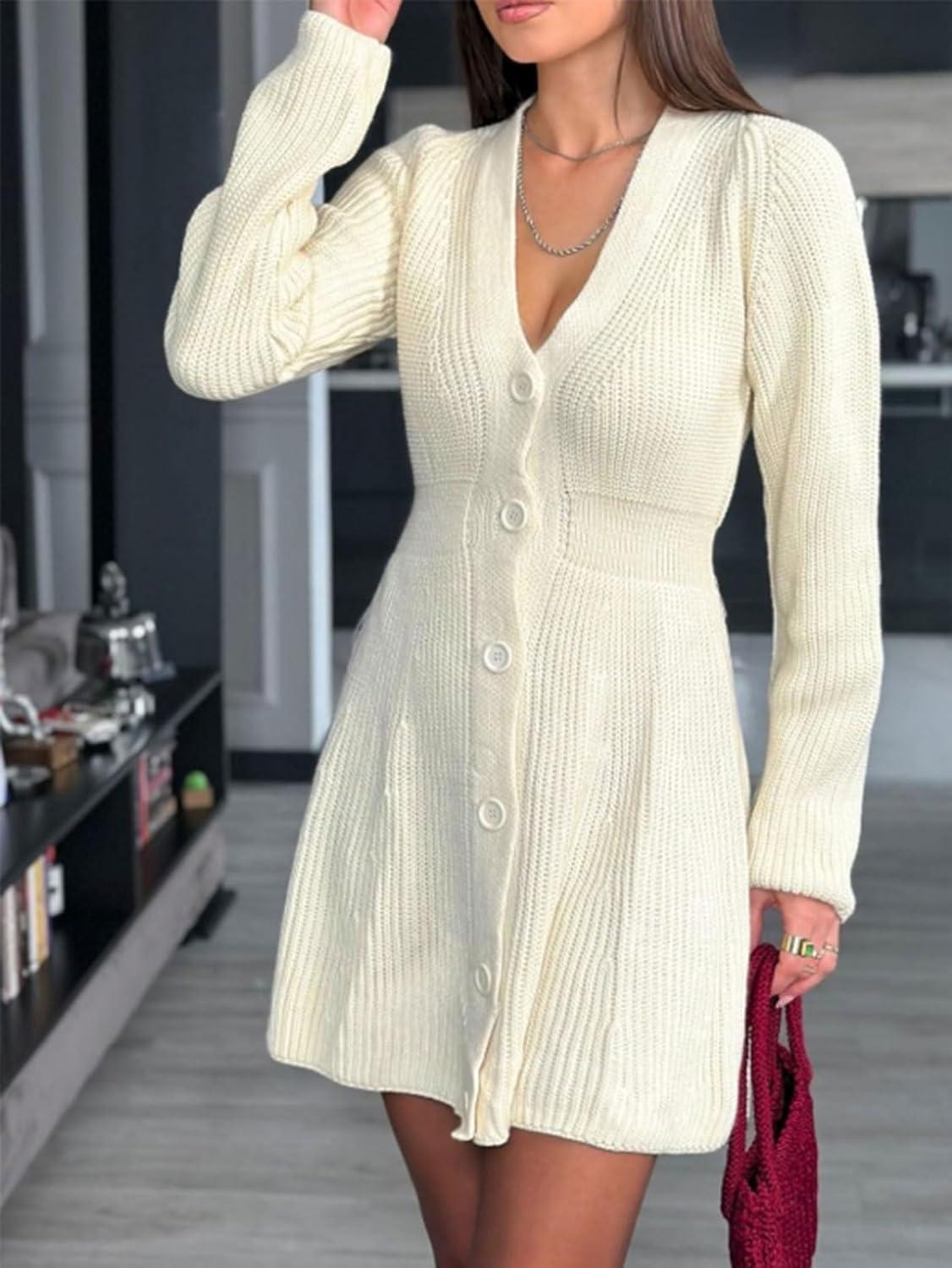 imageCHARTOU Women Long Sleeve Fall Dresses Button Down Cinched Wasited Stretch Knit Sweater DressWhite