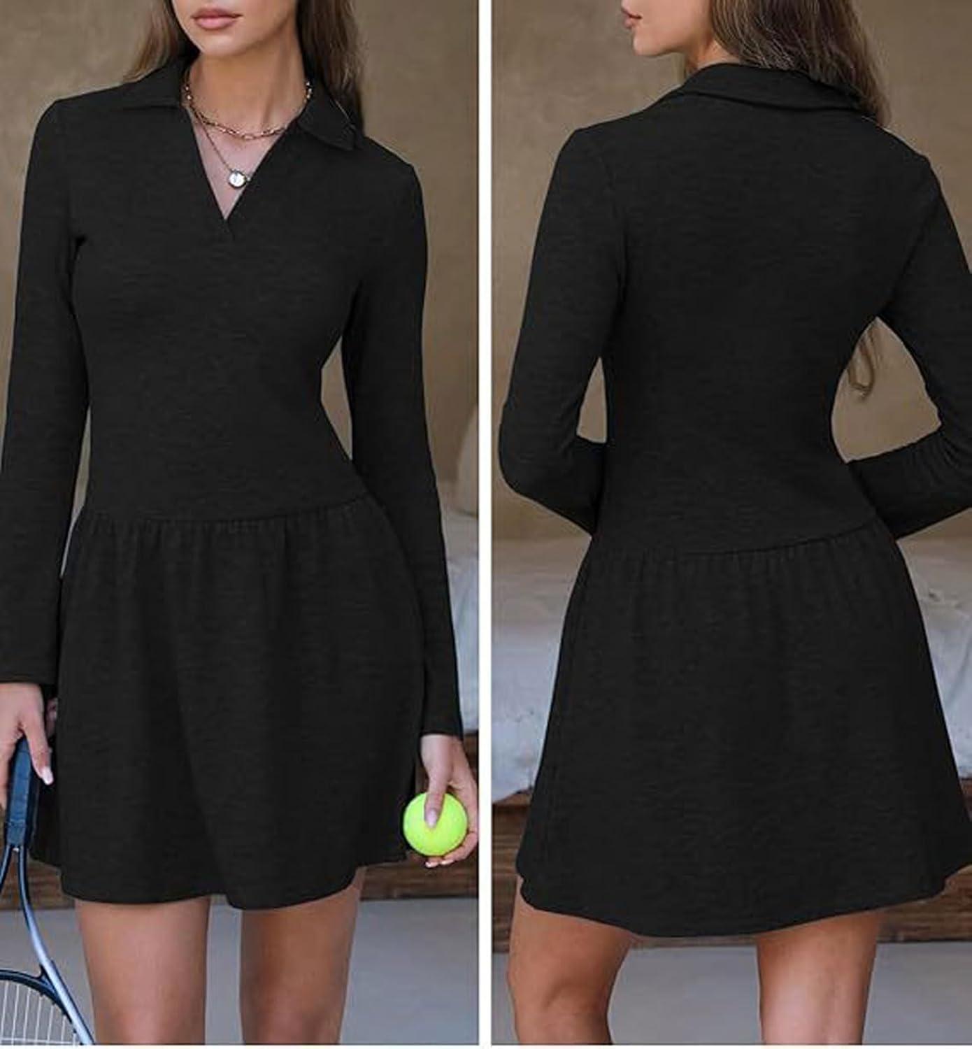 imageCHARTOU Women Long Sleeve Fall Mini Dress Casual A Line Fleece Lined Lapel Tennis DressesBlack