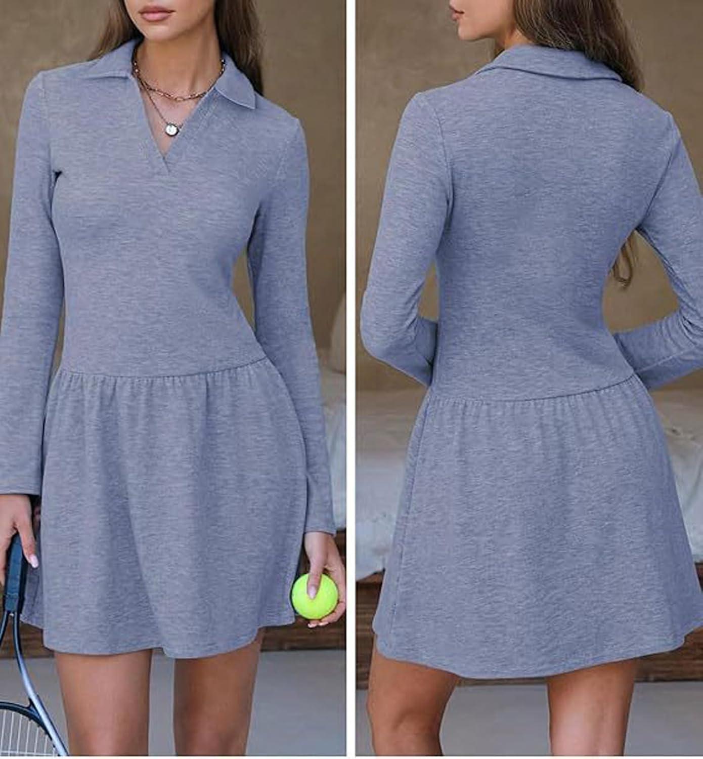 imageCHARTOU Women Long Sleeve Fall Mini Dress Casual A Line Fleece Lined Lapel Tennis DressesBlue