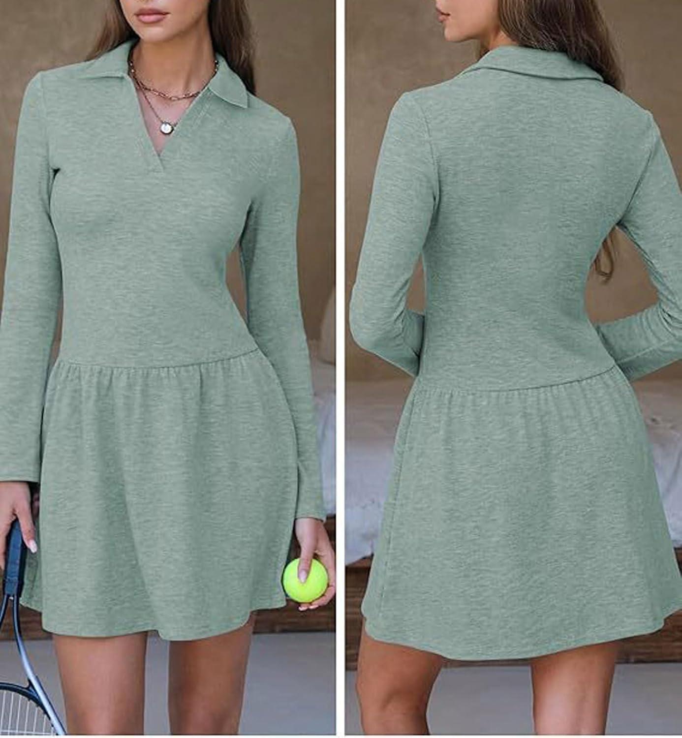 imageCHARTOU Women Long Sleeve Fall Mini Dress Casual A Line Fleece Lined Lapel Tennis DressesGreen