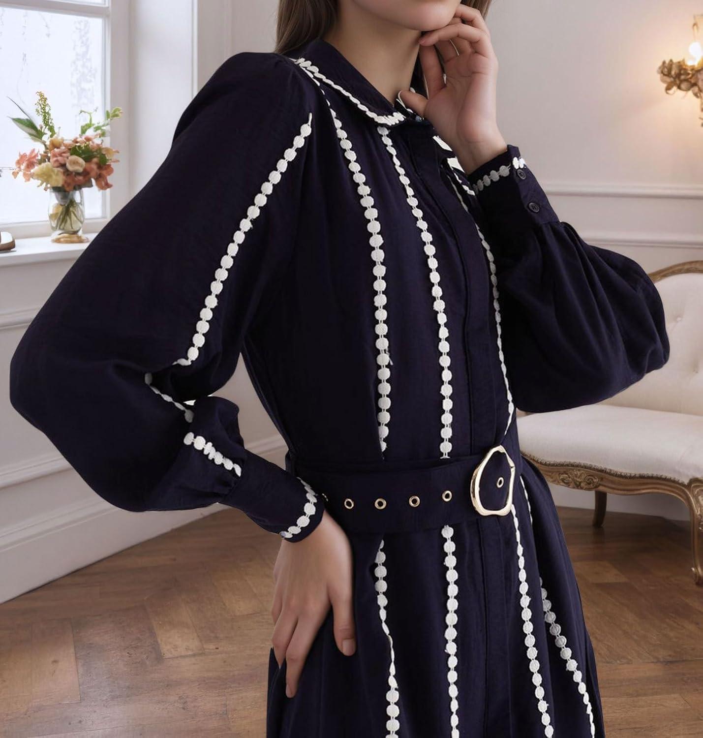 imageCHARTOU Women Long Sleeve Flowy Dresses Contrast Trim Patchwork Button Down Shirt Long Dress with BeltBlack