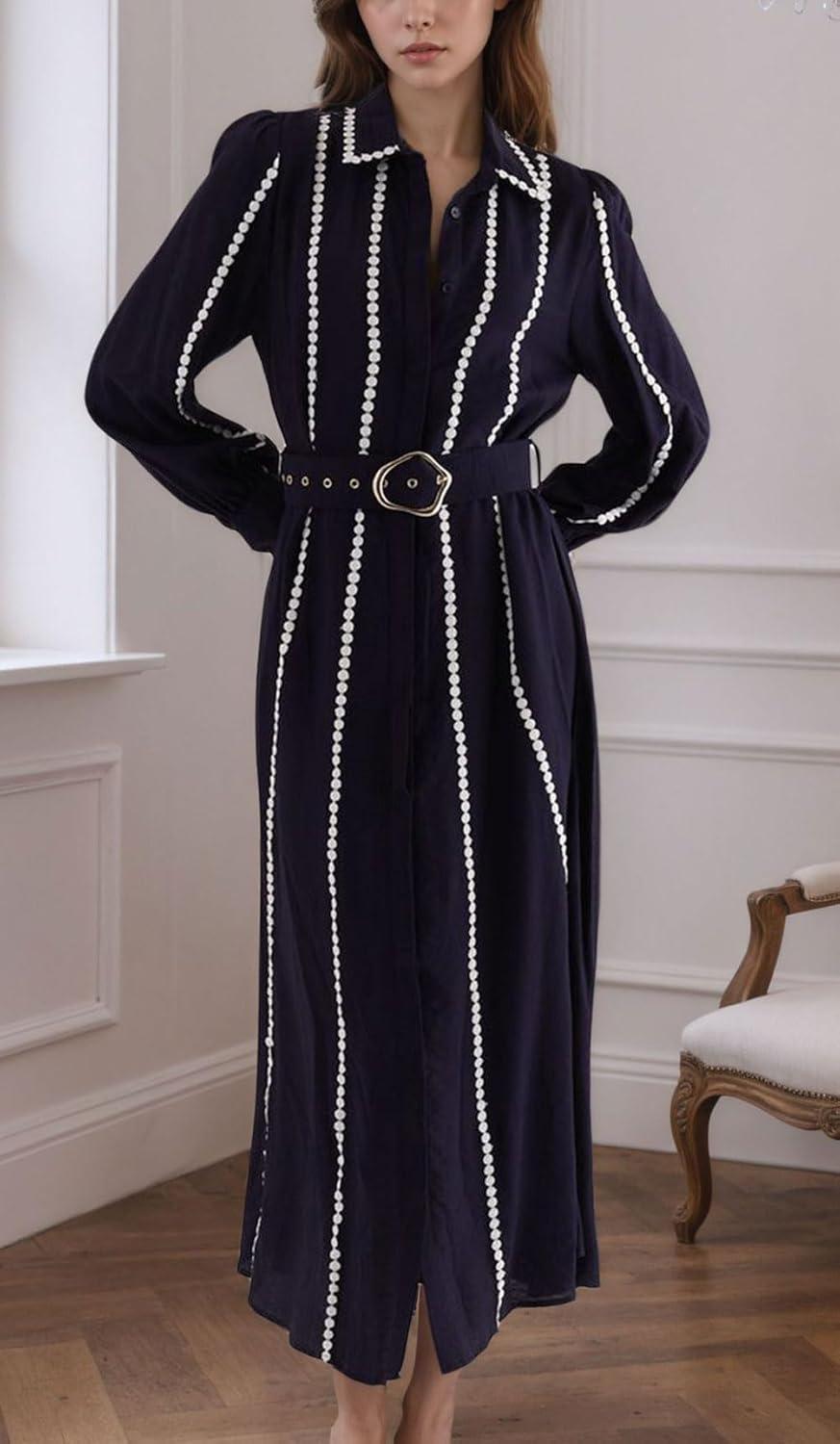 imageCHARTOU Women Long Sleeve Flowy Dresses Contrast Trim Patchwork Button Down Shirt Long Dress with BeltBlack