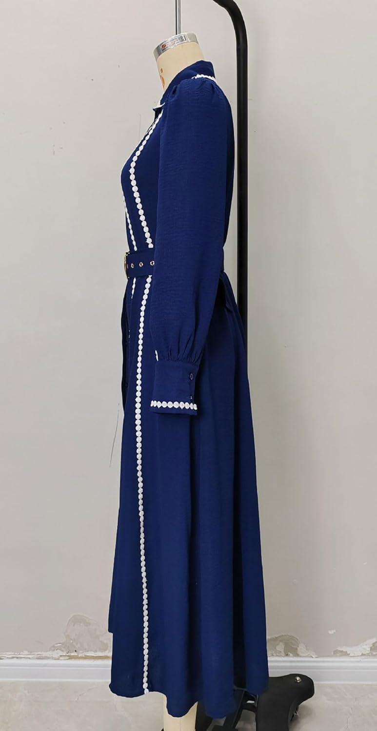 imageCHARTOU Women Long Sleeve Flowy Dresses Contrast Trim Patchwork Button Down Shirt Long Dress with BeltBlue