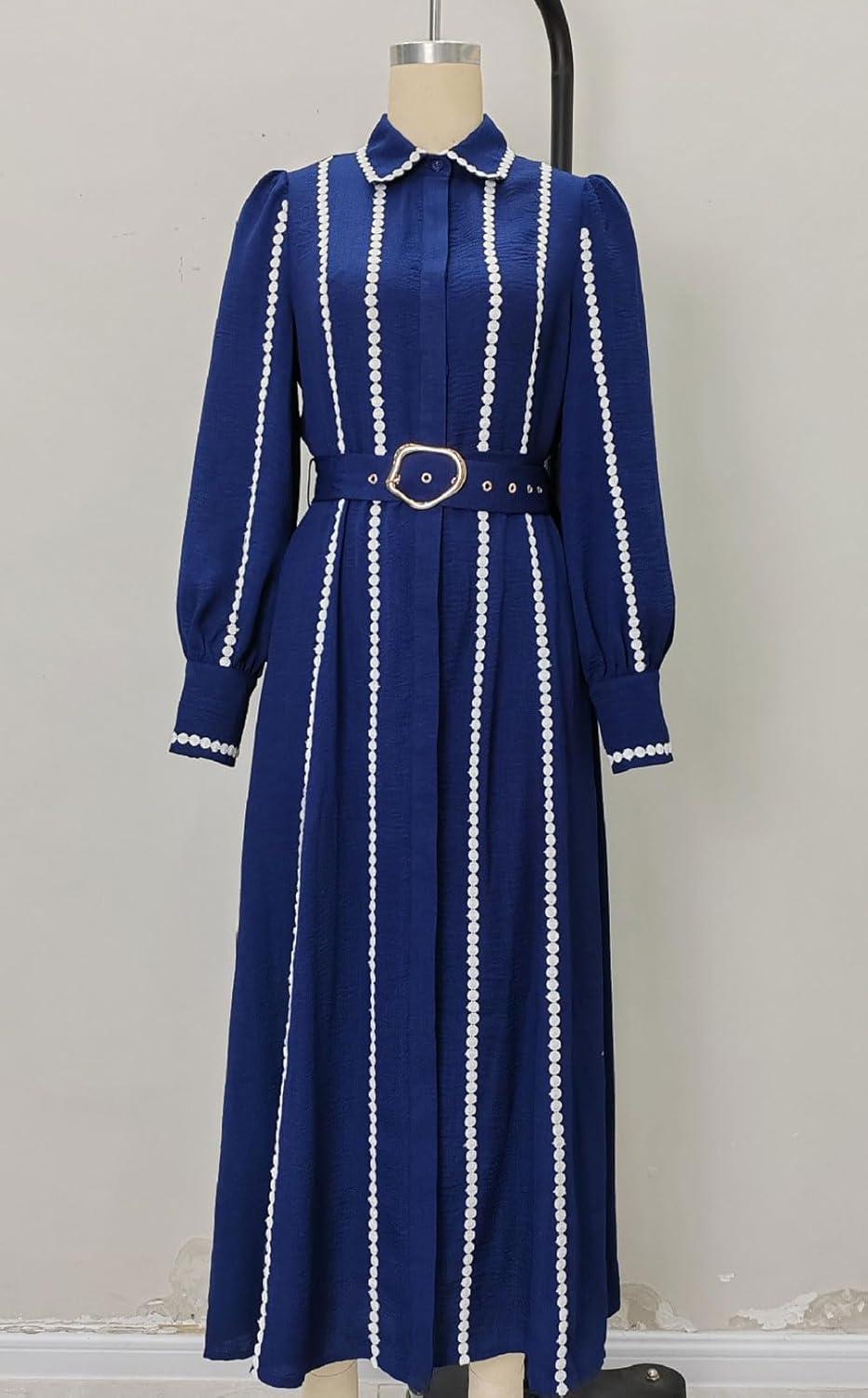 imageCHARTOU Women Long Sleeve Flowy Dresses Contrast Trim Patchwork Button Down Shirt Long Dress with BeltBlue