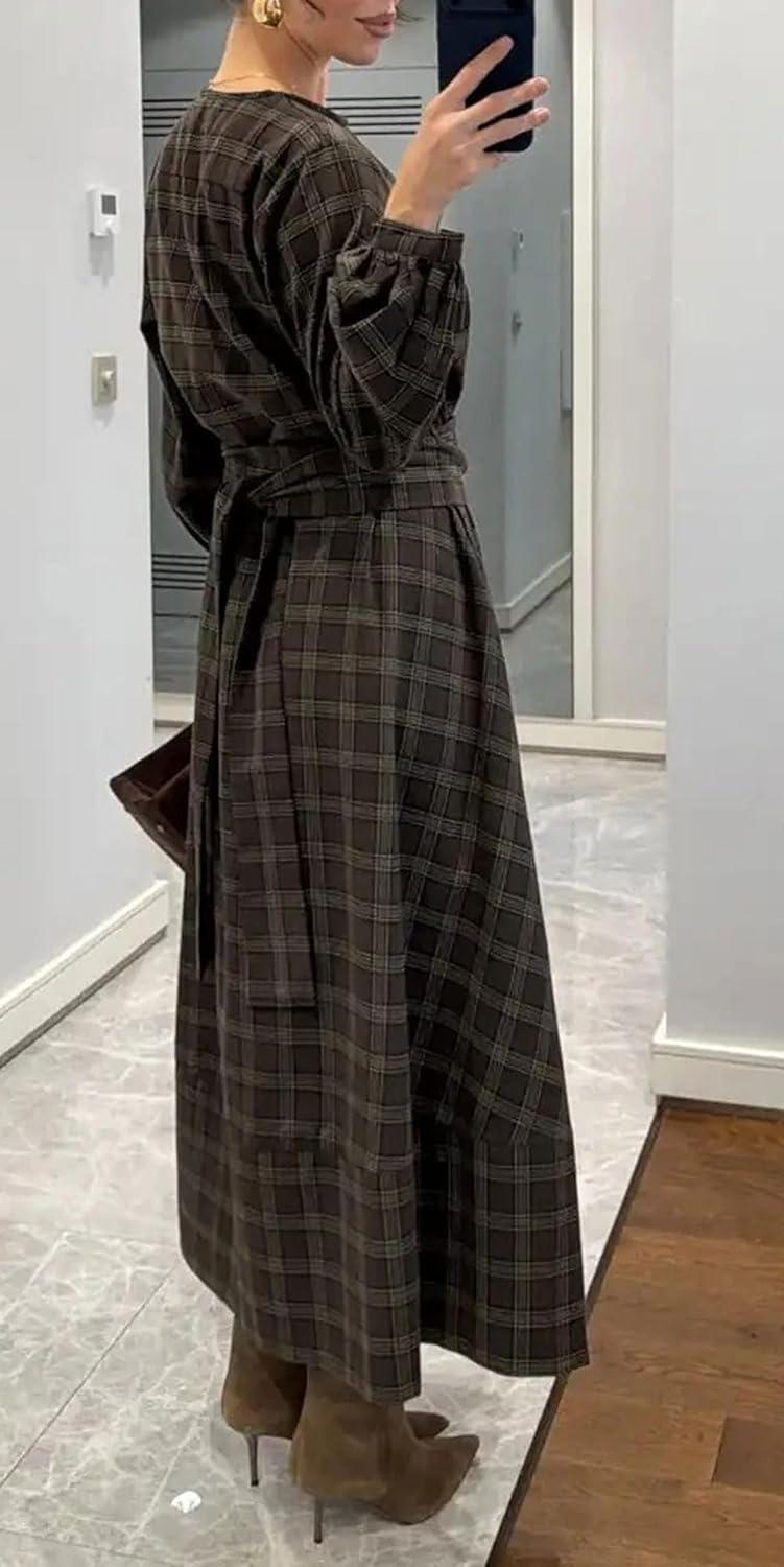 imageCHARTOU Women Long Sleeve Plaid Dress Front Half Button Flowy Gingham Long Casual Shirt Dresses with BeltGreen