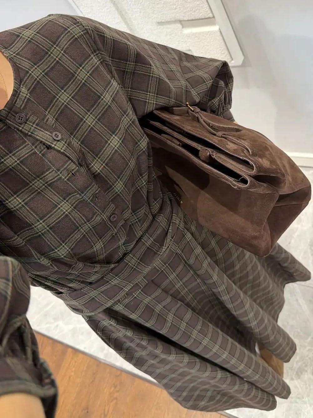 imageCHARTOU Women Long Sleeve Plaid Dress Front Half Button Flowy Gingham Long Casual Shirt Dresses with BeltGreen