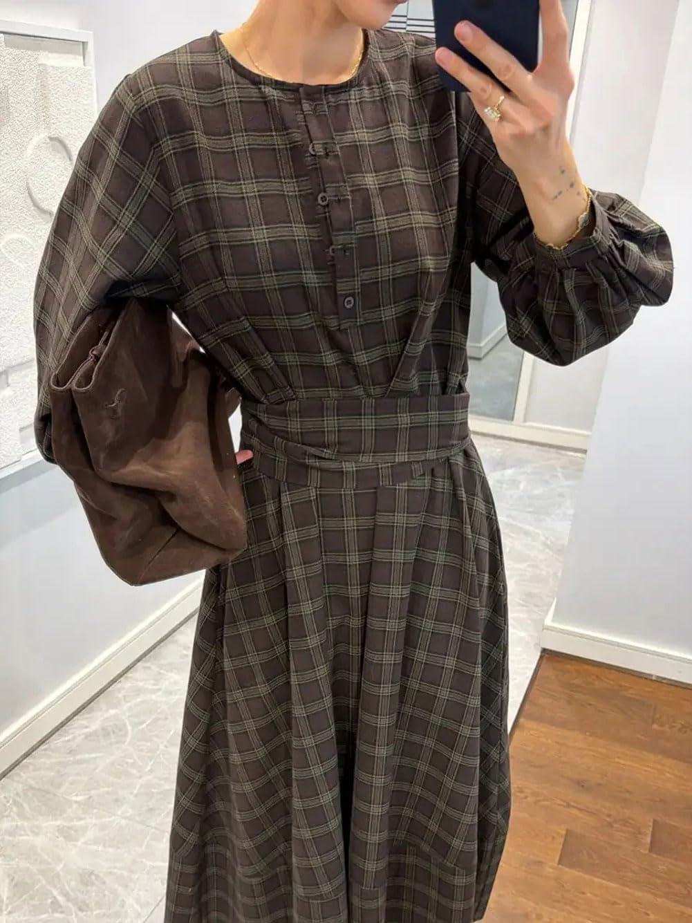 imageCHARTOU Women Long Sleeve Plaid Dress Front Half Button Flowy Gingham Long Casual Shirt Dresses with BeltGreen