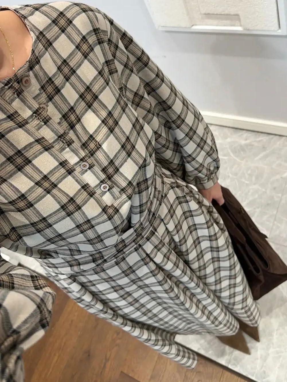 imageCHARTOU Women Long Sleeve Plaid Dress Front Half Button Flowy Gingham Long Casual Shirt Dresses with BeltGrey