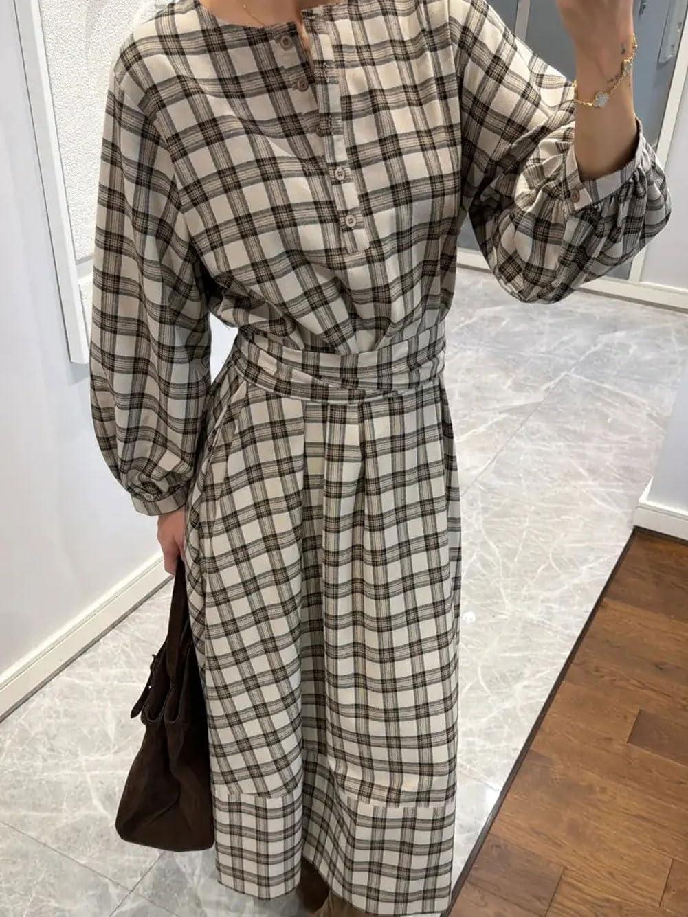 imageCHARTOU Women Long Sleeve Plaid Dress Front Half Button Flowy Gingham Long Casual Shirt Dresses with BeltGrey