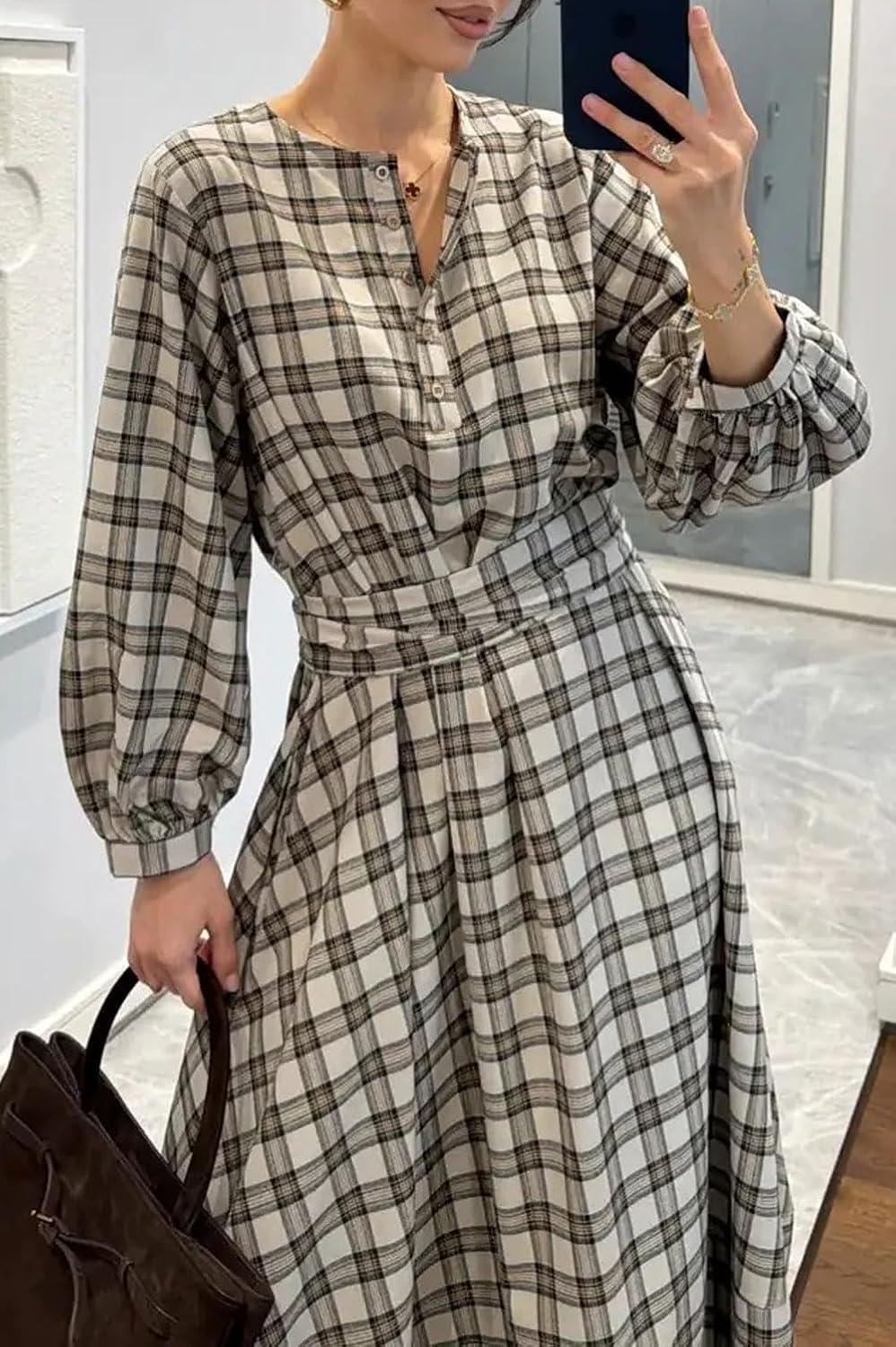 imageCHARTOU Women Long Sleeve Plaid Dress Front Half Button Flowy Gingham Long Casual Shirt Dresses with BeltGrey