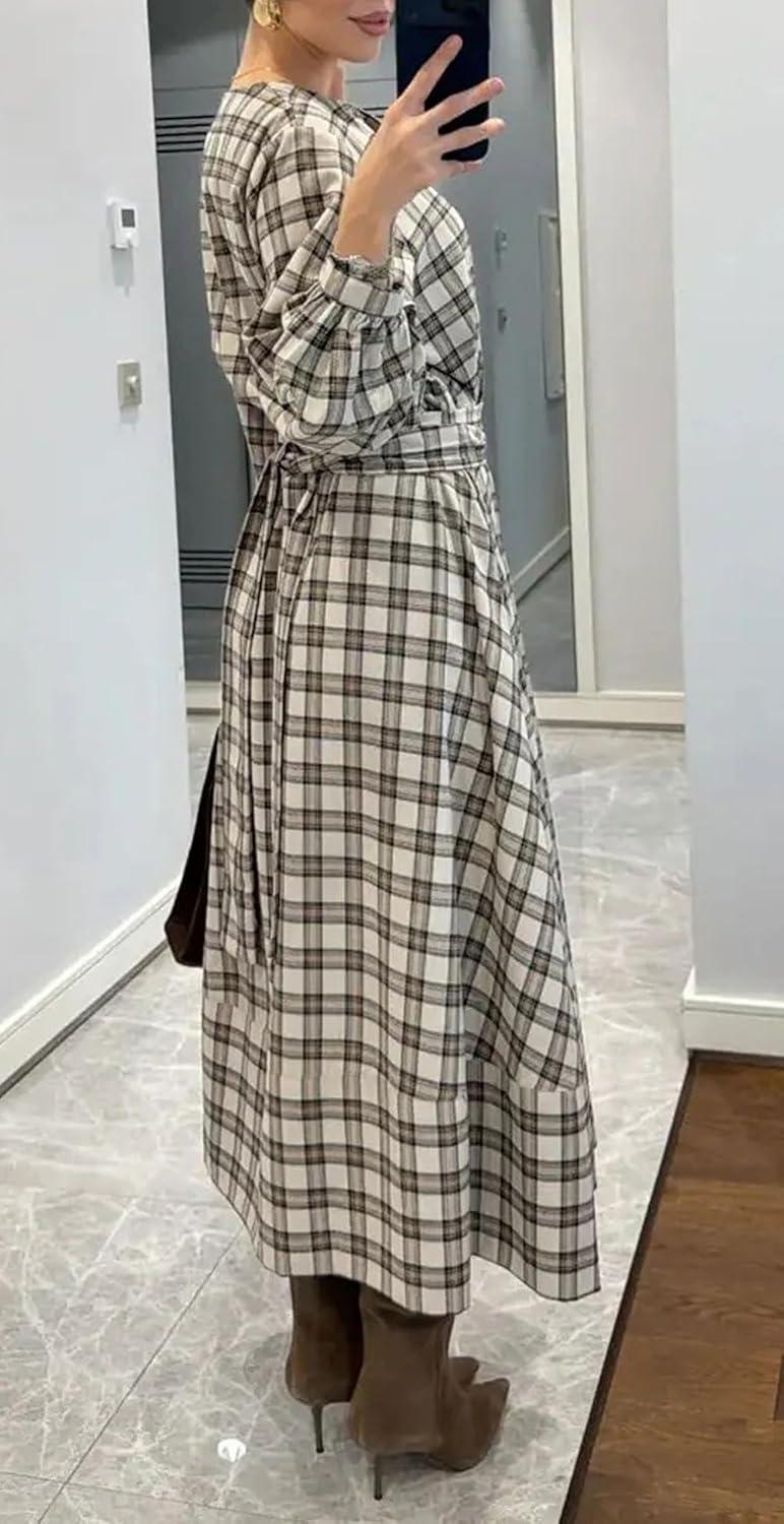 imageCHARTOU Women Long Sleeve Plaid Dress Front Half Button Flowy Gingham Long Casual Shirt Dresses with BeltGrey