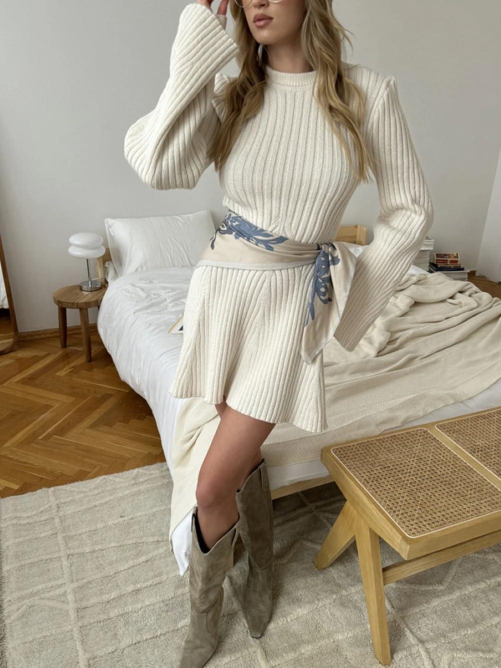 imageCHARTOU Women Rib Knitted Sweater Dress Fall Crewneck Flared Long Sleeve Ruffle Peplum Mini Dress with BeltBeige