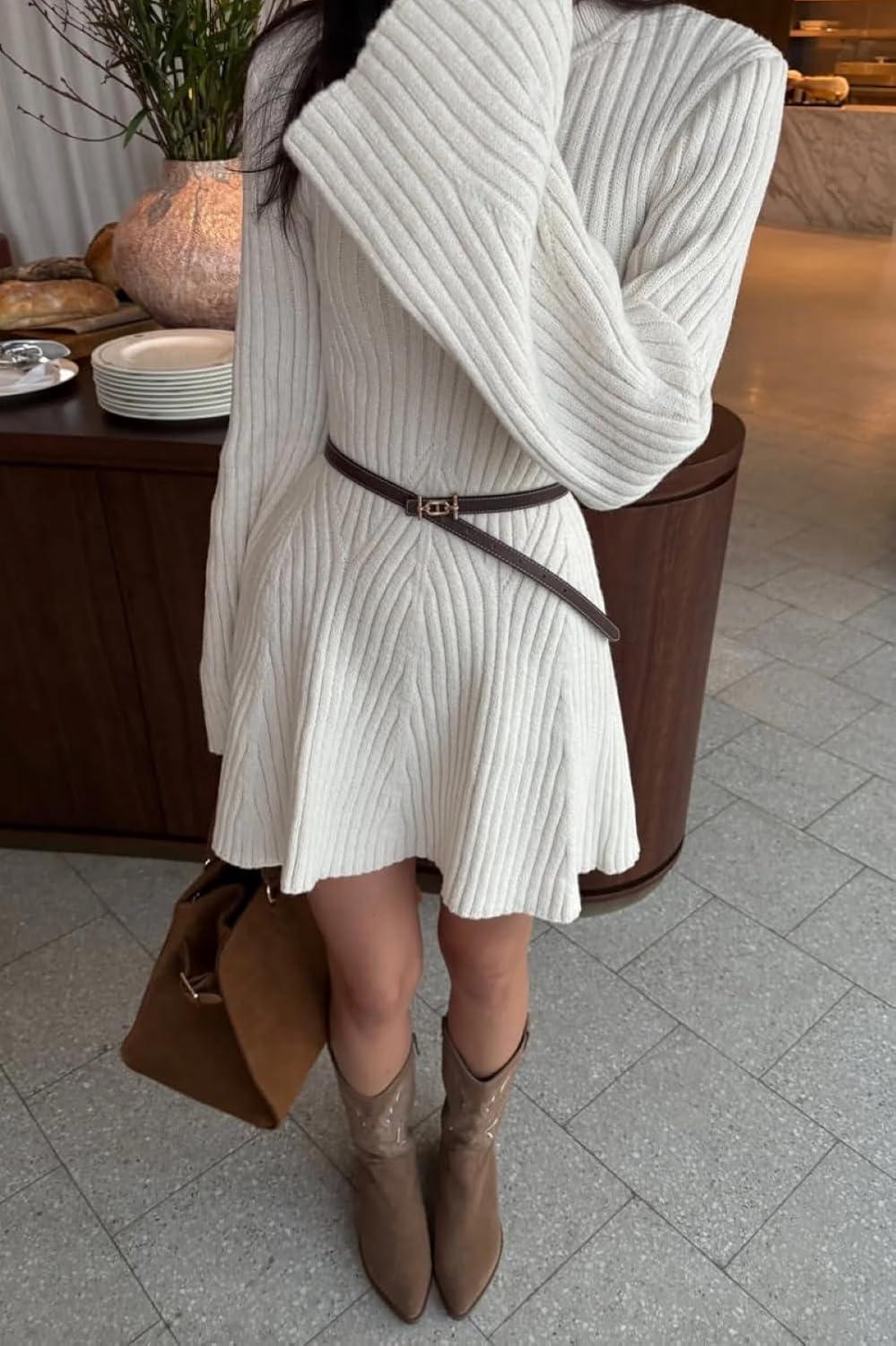 imageCHARTOU Women Rib Knitted Sweater Dress Fall Crewneck Flared Long Sleeve Ruffle Peplum Mini Dress with BeltBeige