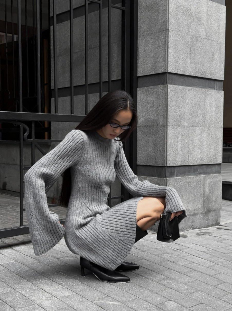 imageCHARTOU Women Rib Knitted Sweater Dress Fall Crewneck Flared Long Sleeve Ruffle Peplum Mini Dress with BeltGrey