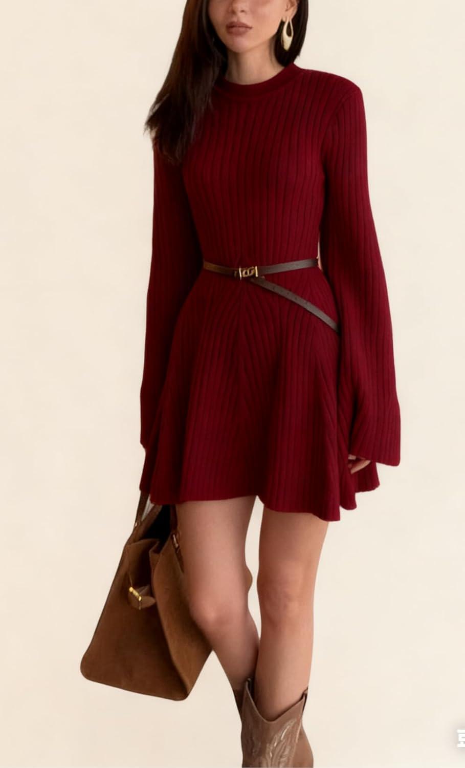 imageCHARTOU Women Rib Knitted Sweater Dress Fall Crewneck Flared Long Sleeve Ruffle Peplum Mini Dress with BeltWine Red