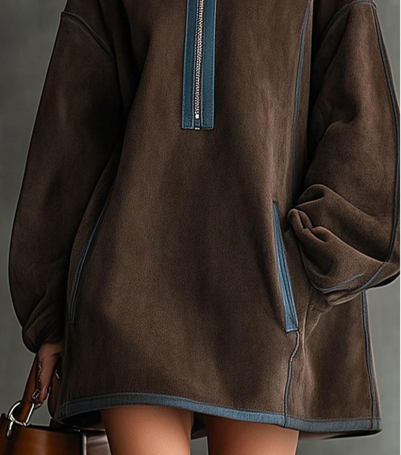 imageCHARTOU Women Suede Mini Dress Lantern Long Sleeve Half Zip Babydoll Tunic Loose Short Faux Leather DressBrown