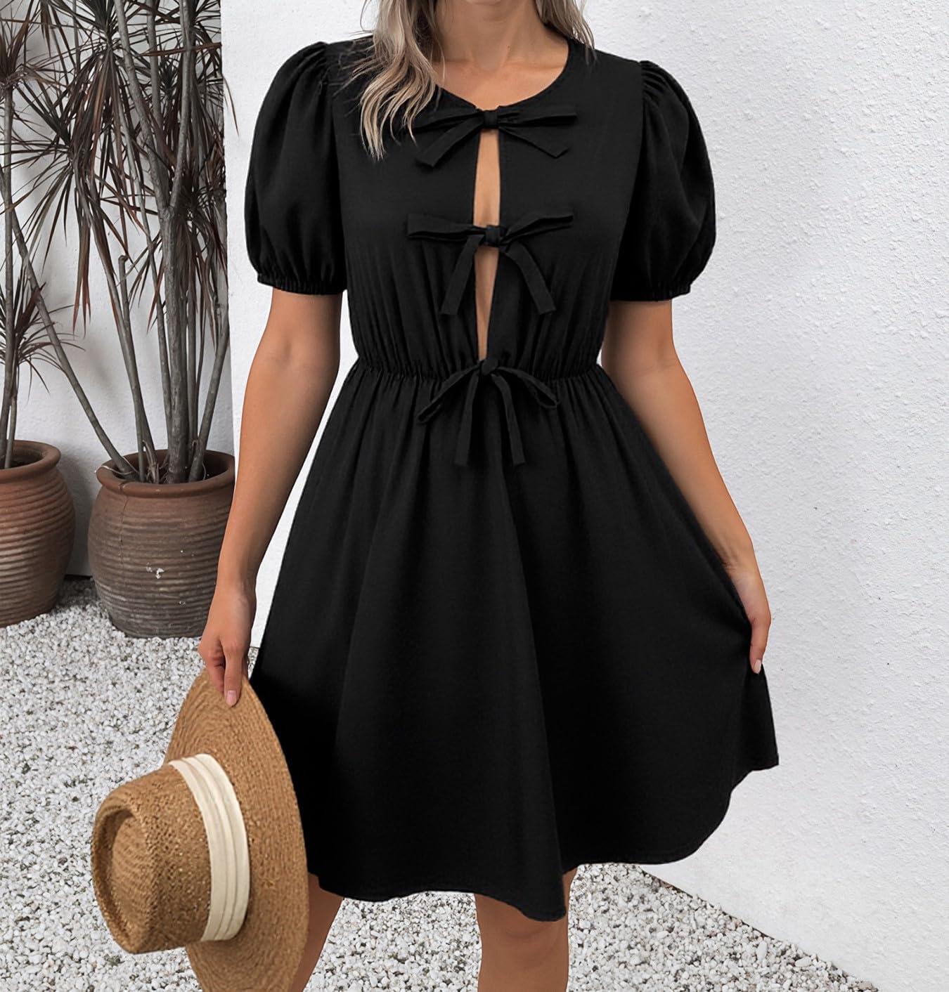 imageCHARTOU Women Summer Tie Front Mini Dress Puff Sleeve Elastic Waist A Line Babydoll DressBlack