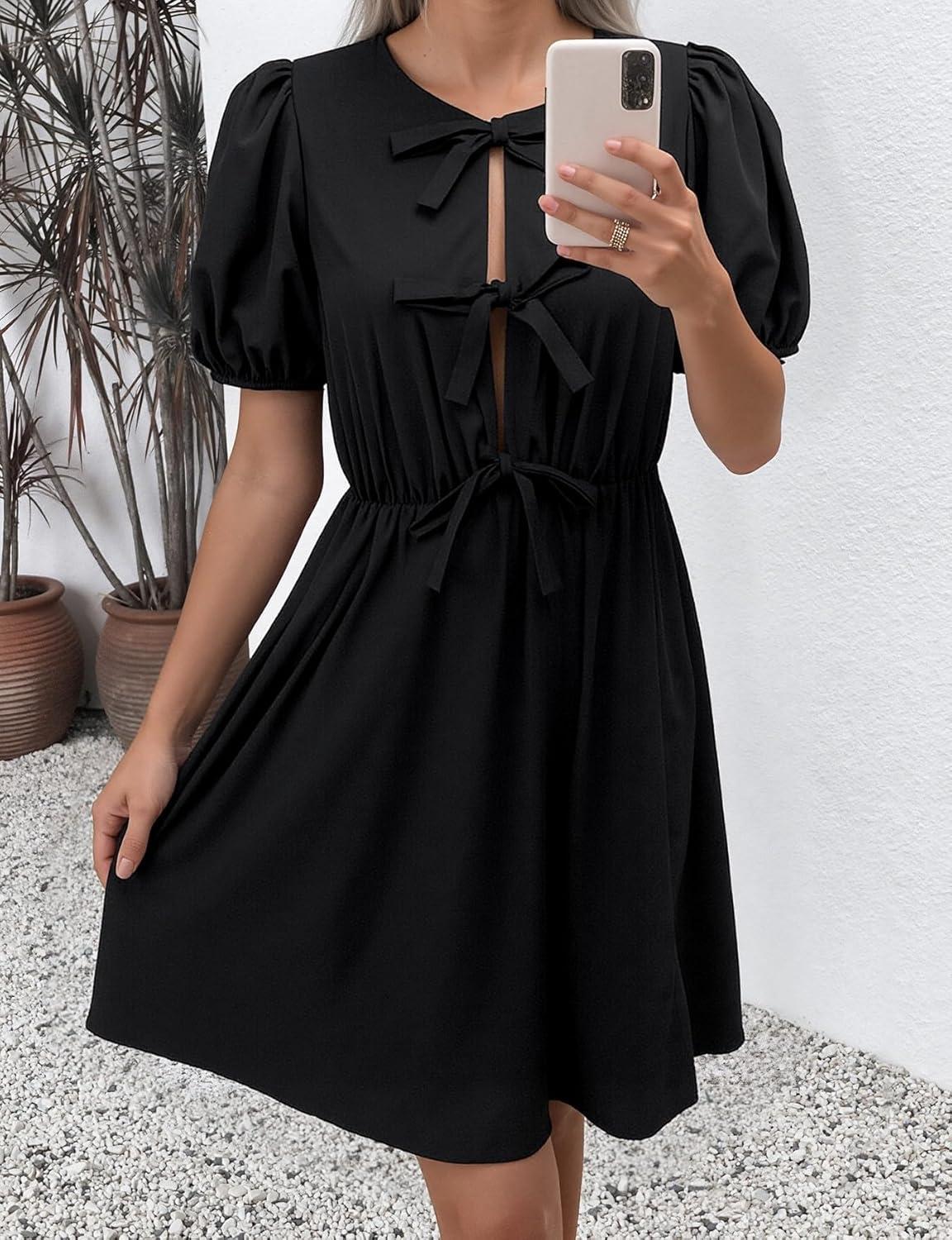 imageCHARTOU Women Summer Tie Front Mini Dress Puff Sleeve Elastic Waist A Line Babydoll DressBlack