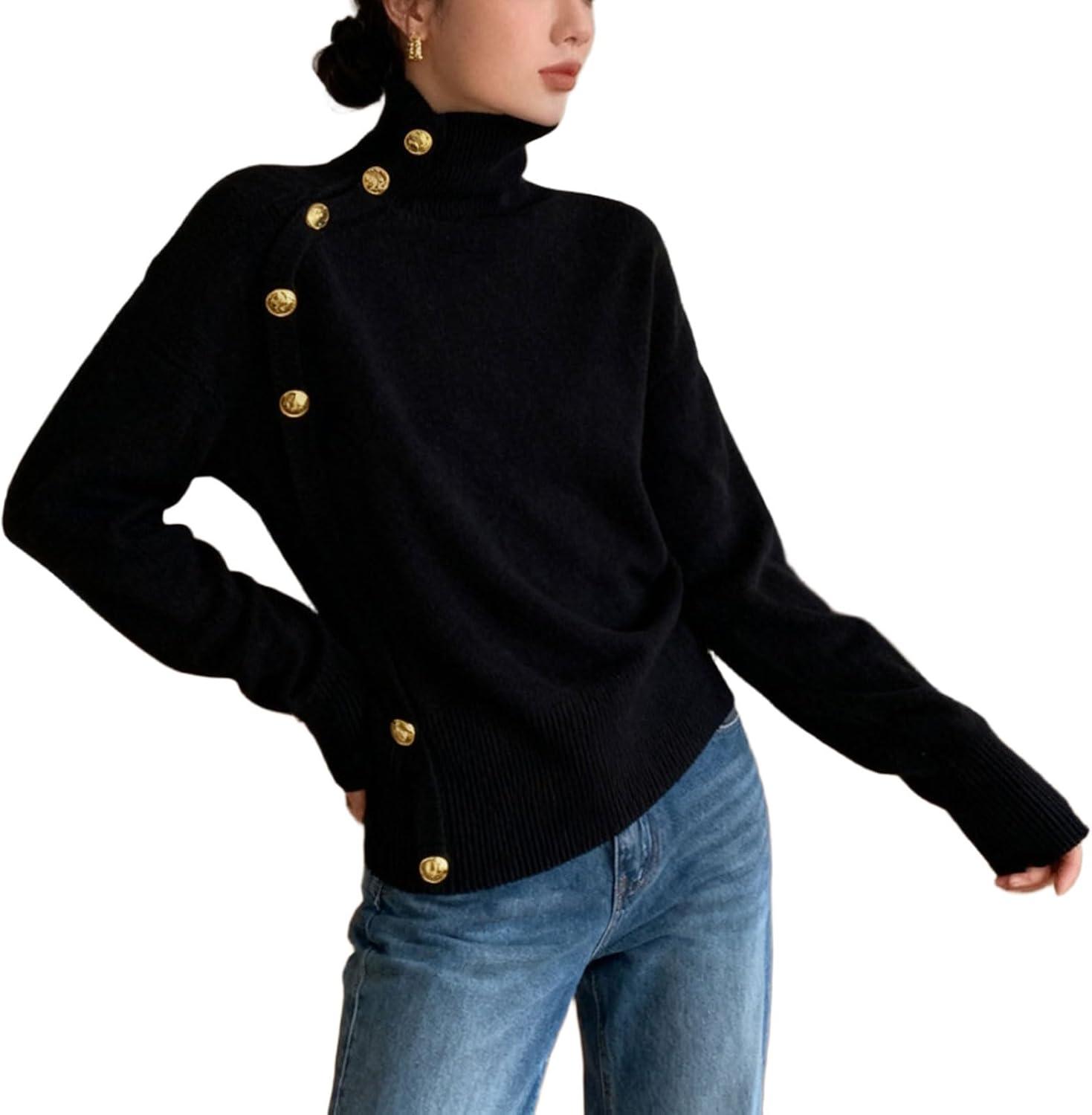 imageCHARTOU Women Turtleneck Sweater Fall Fashion Batwing Sleeve Jumper Elegant Short Knitted Pullover TopsBlack