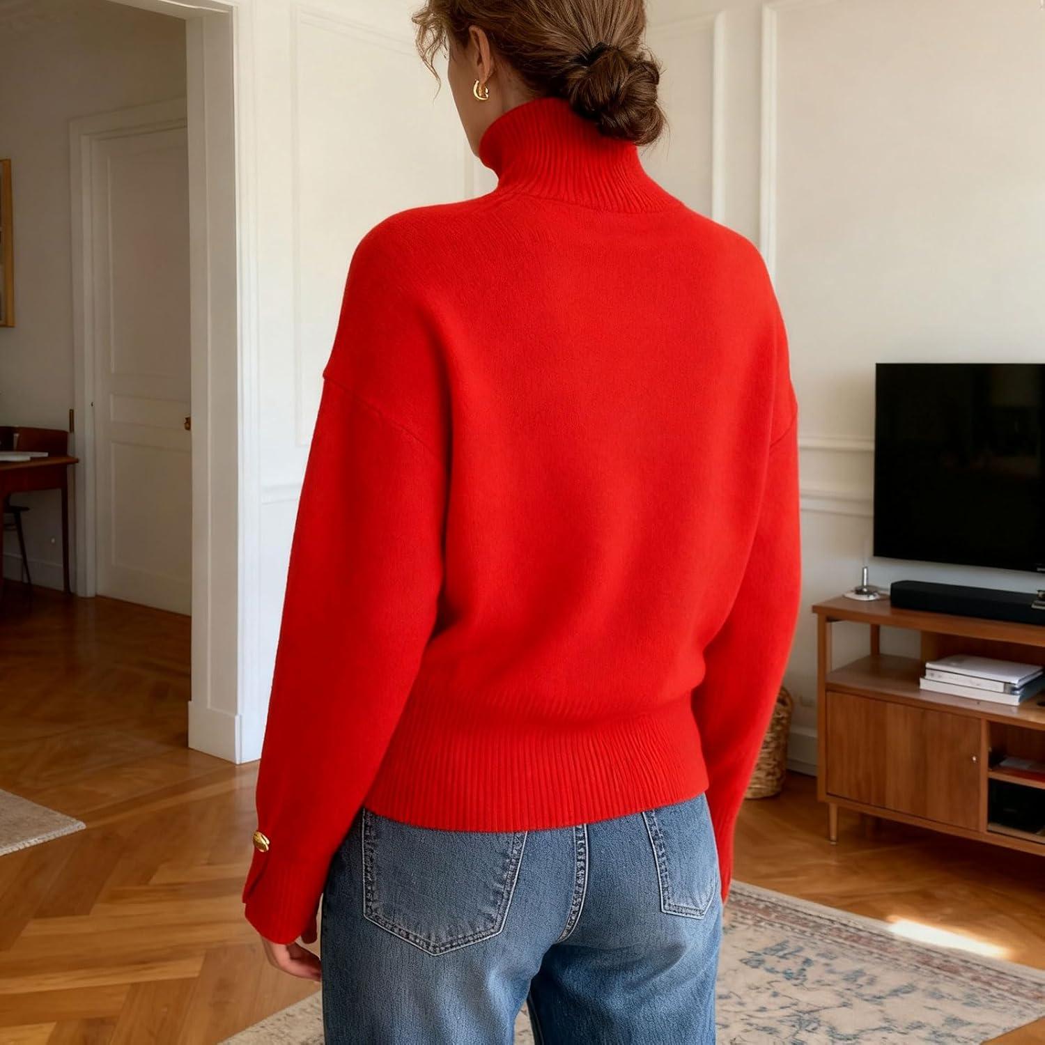 imageCHARTOU Women Turtleneck Sweater Fall Fashion Batwing Sleeve Jumper Elegant Short Knitted Pullover TopsRed