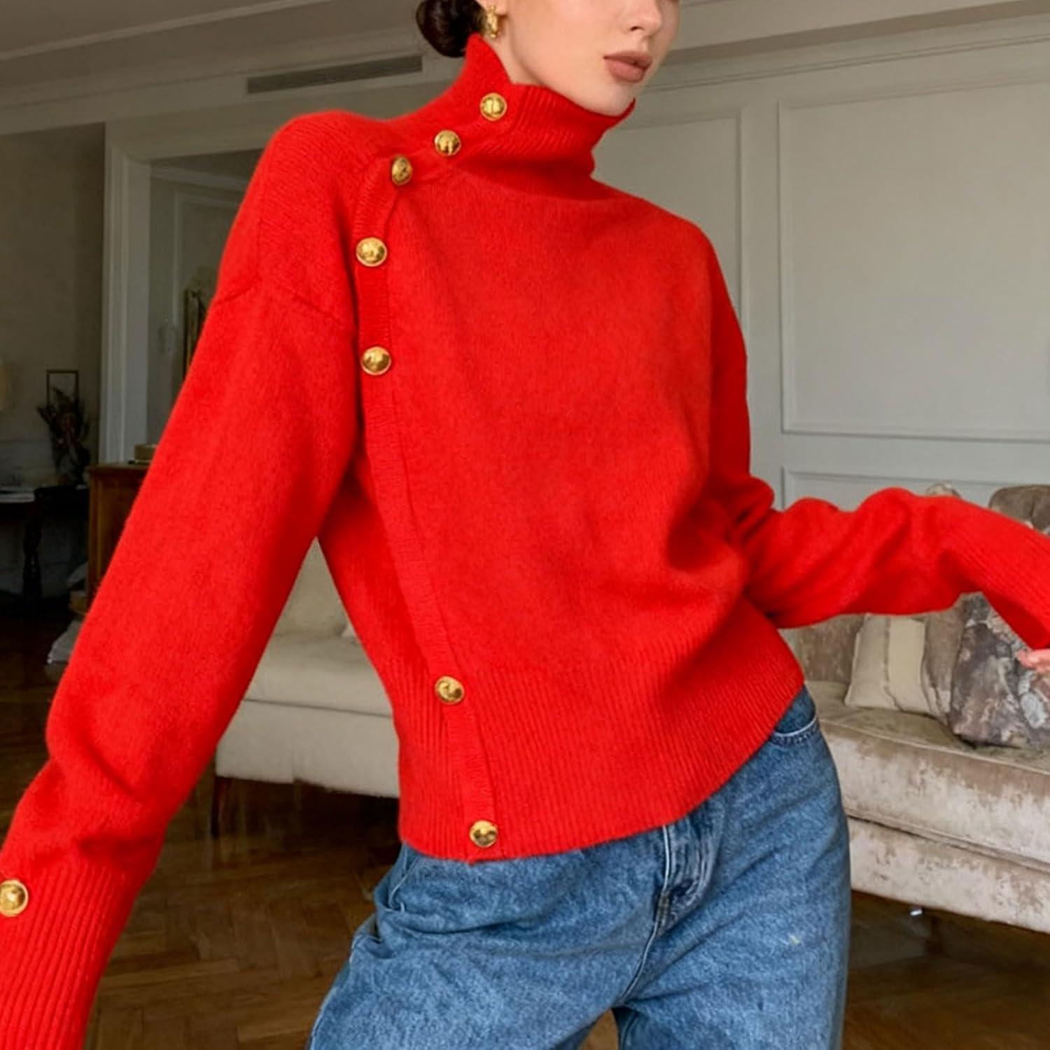 imageCHARTOU Women Turtleneck Sweater Fall Fashion Batwing Sleeve Jumper Elegant Short Knitted Pullover TopsRed