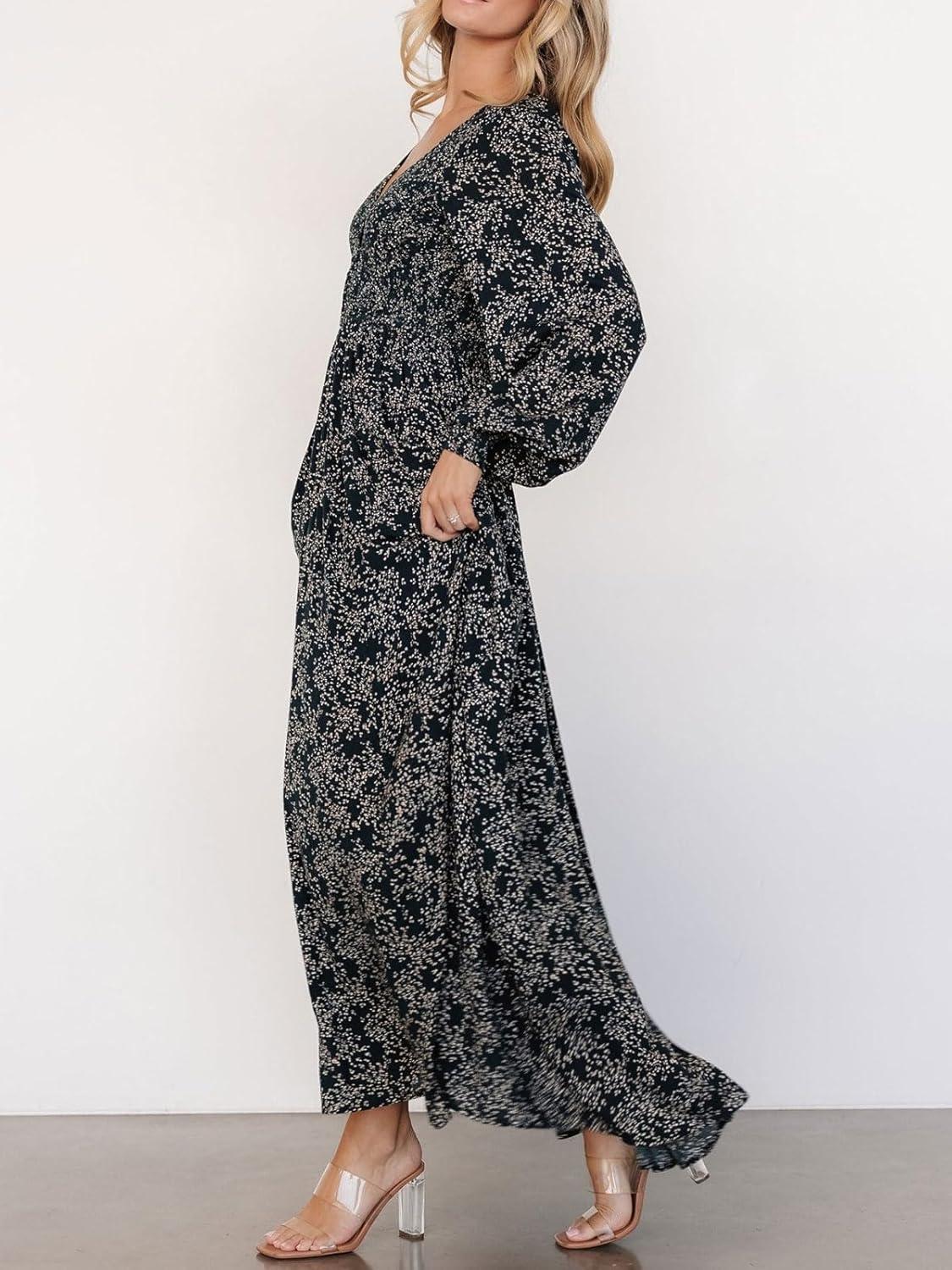 imageCHARTOU Womens Boho Flowy Chiffon Floral V Neck Maxi Dress Elegant Raglan Sleeve Long Vacation Sun DressesBlack