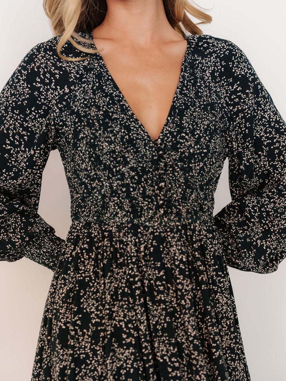 imageCHARTOU Womens Boho Flowy Chiffon Floral V Neck Maxi Dress Elegant Raglan Sleeve Long Vacation Sun DressesBlack