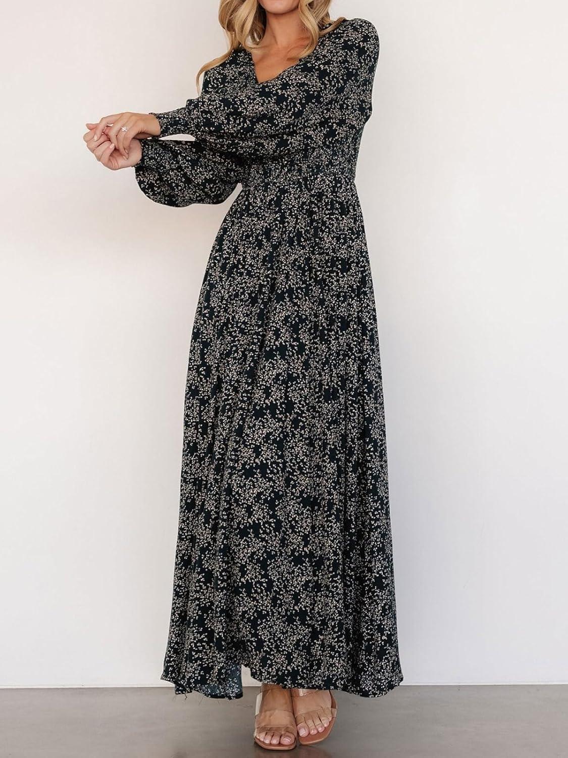 imageCHARTOU Womens Boho Flowy Chiffon Floral V Neck Maxi Dress Elegant Raglan Sleeve Long Vacation Sun DressesBlack