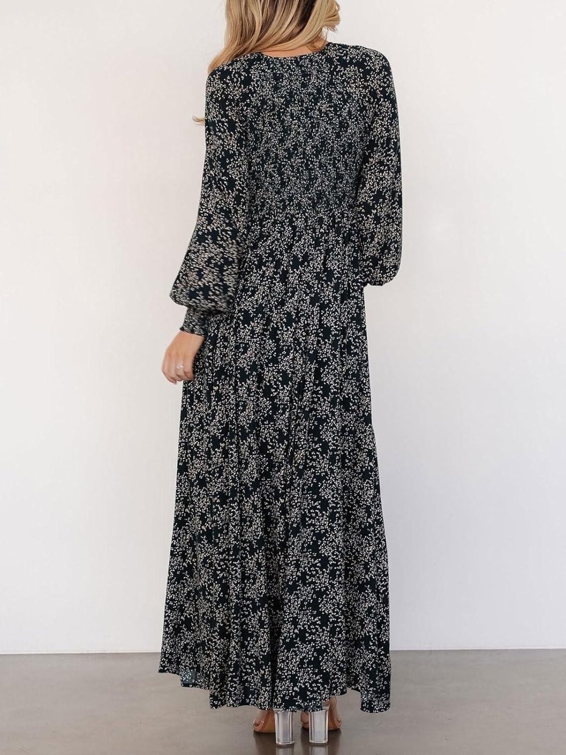 imageCHARTOU Womens Boho Flowy Chiffon Floral V Neck Maxi Dress Elegant Raglan Sleeve Long Vacation Sun DressesBlack