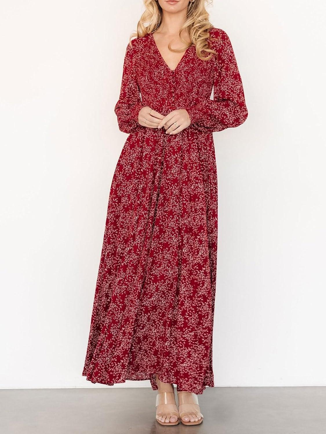 imageCHARTOU Womens Boho Flowy Chiffon Floral V Neck Maxi Dress Elegant Raglan Sleeve Long Vacation Sun DressesRed