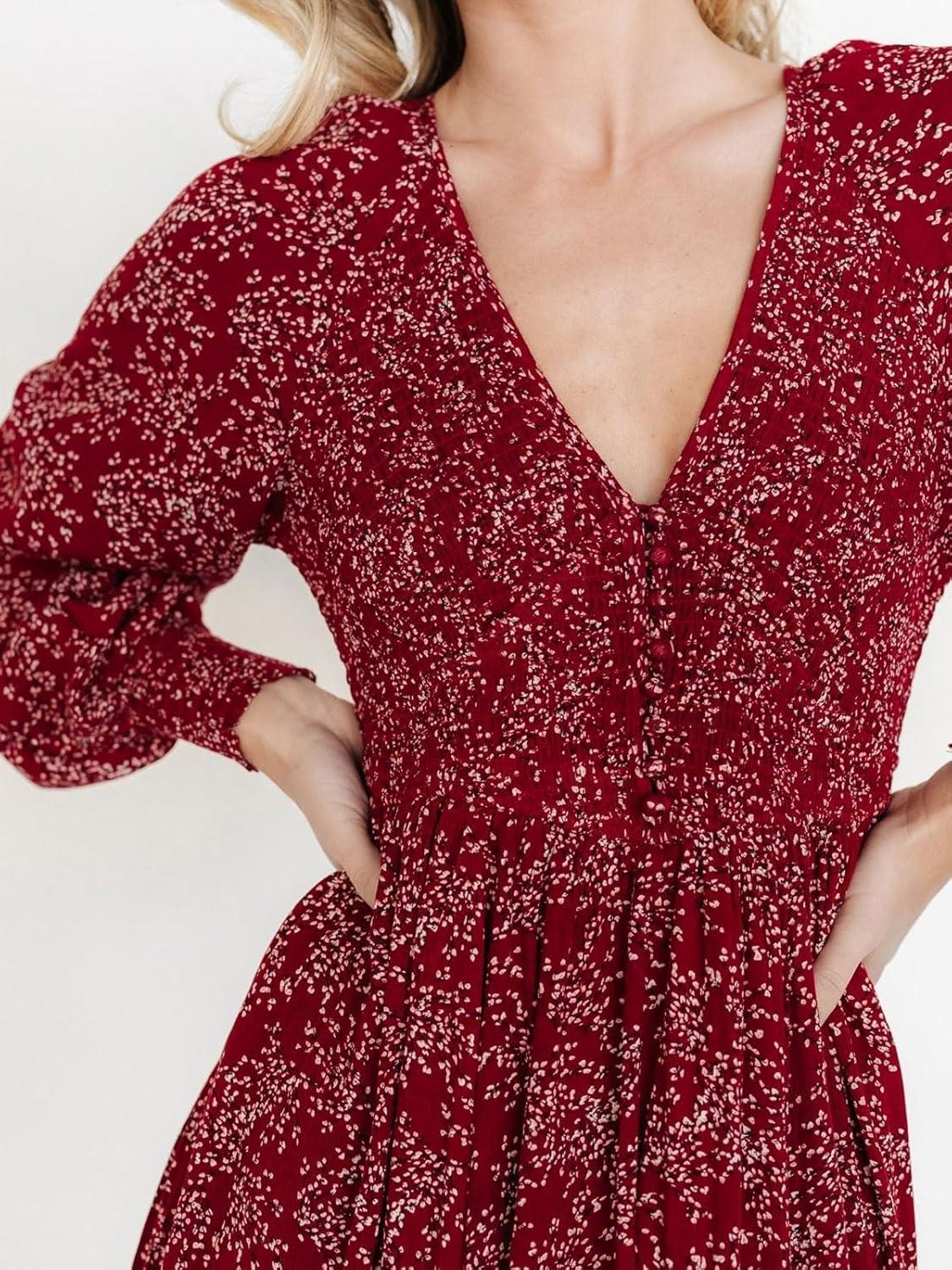 imageCHARTOU Womens Boho Flowy Chiffon Floral V Neck Maxi Dress Elegant Raglan Sleeve Long Vacation Sun DressesRed