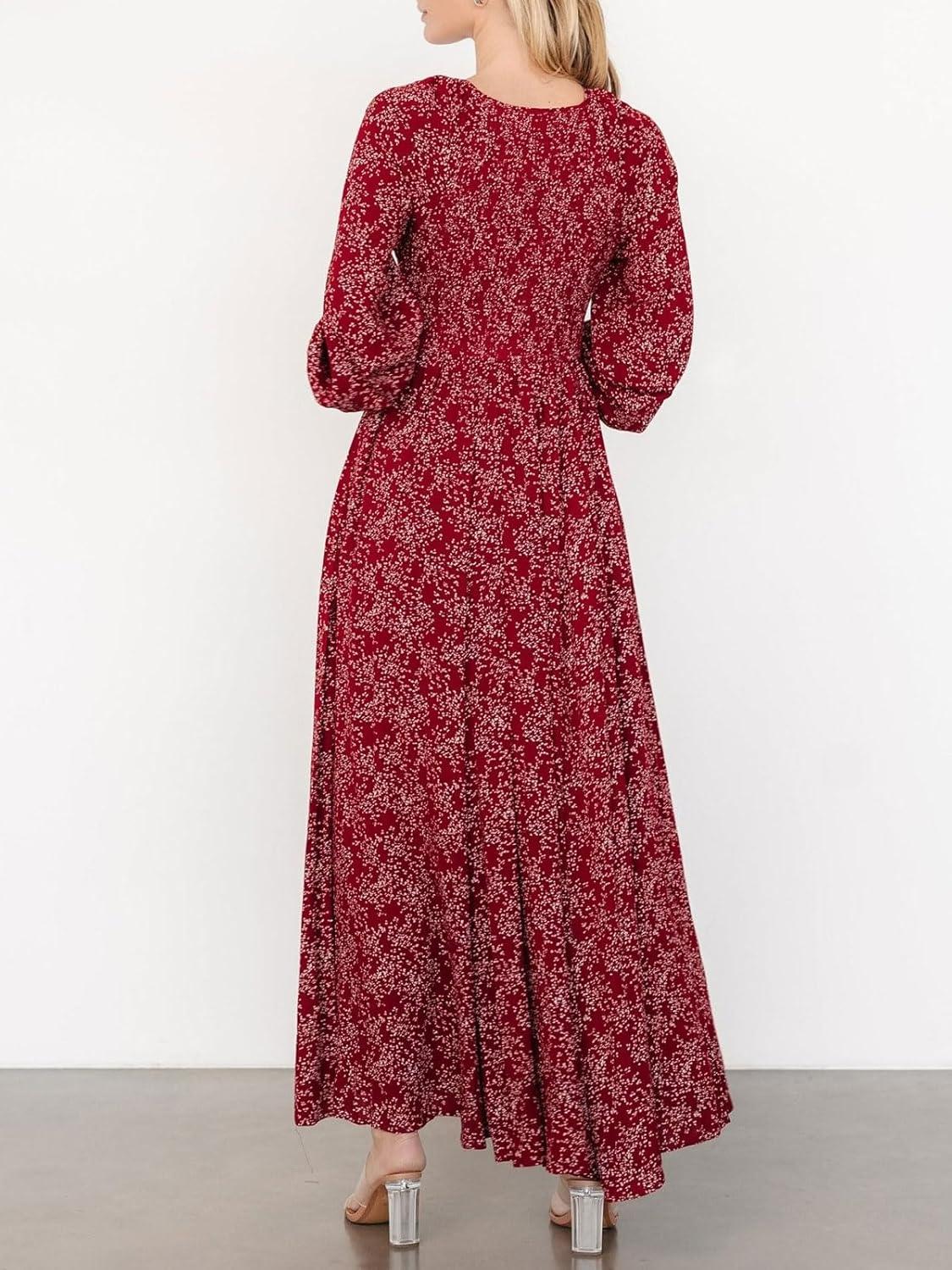 imageCHARTOU Womens Boho Flowy Chiffon Floral V Neck Maxi Dress Elegant Raglan Sleeve Long Vacation Sun DressesRed