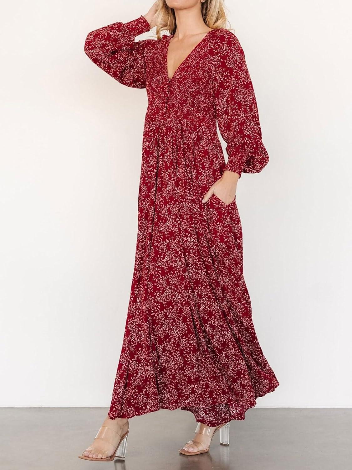 imageCHARTOU Womens Boho Flowy Chiffon Floral V Neck Maxi Dress Elegant Raglan Sleeve Long Vacation Sun DressesRed