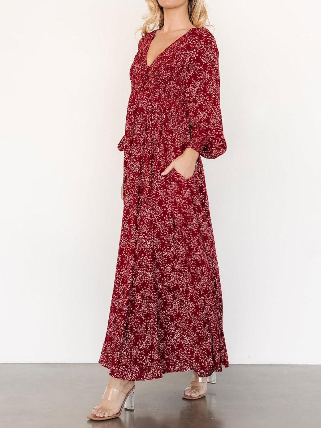 imageCHARTOU Womens Boho Flowy Chiffon Floral V Neck Maxi Dress Elegant Raglan Sleeve Long Vacation Sun DressesRed