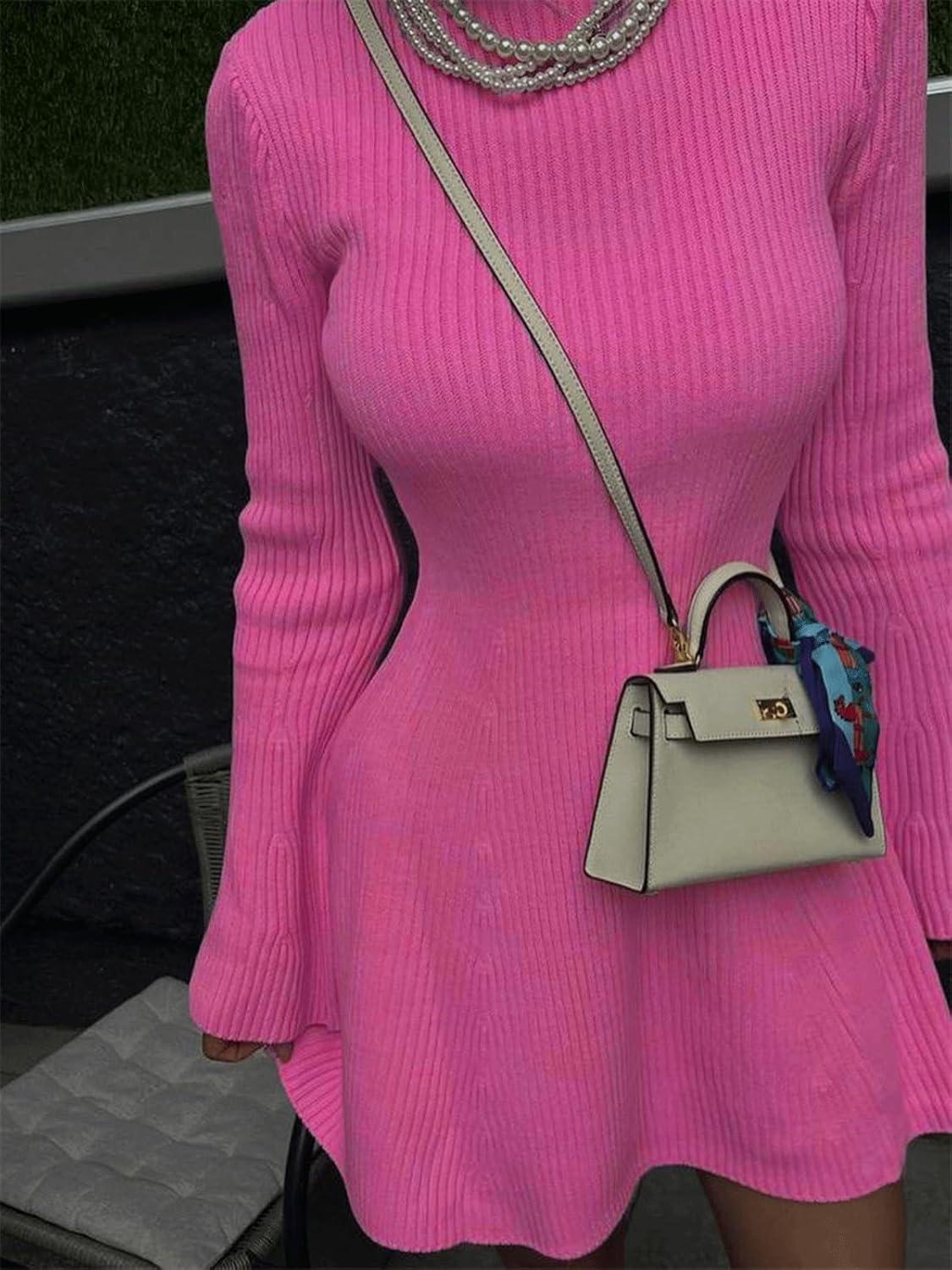 imageCHARTOU Womens Fall Turtleneck Knit Short Dress Flare Long Sleeve Ribbed Slim A Line Solid Dresses WinterRose