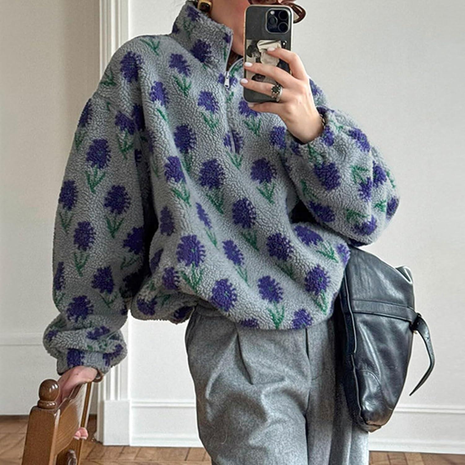 imageCHARTOU Womens Half Zip Floral Sherpa Fleece Pullover Stand Collar Oversized Sweatshirt Cute Long Sleeve TopBlue