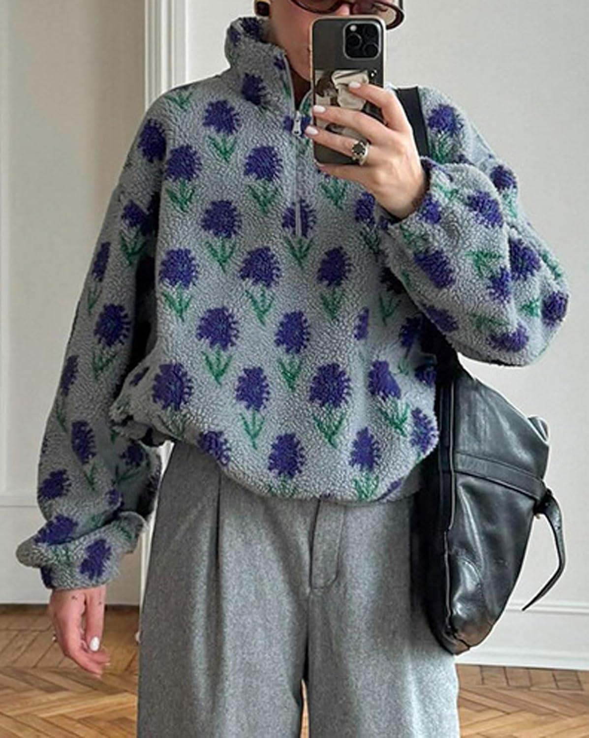 imageCHARTOU Womens Half Zip Floral Sherpa Fleece Pullover Stand Collar Oversized Sweatshirt Cute Long Sleeve TopBlue