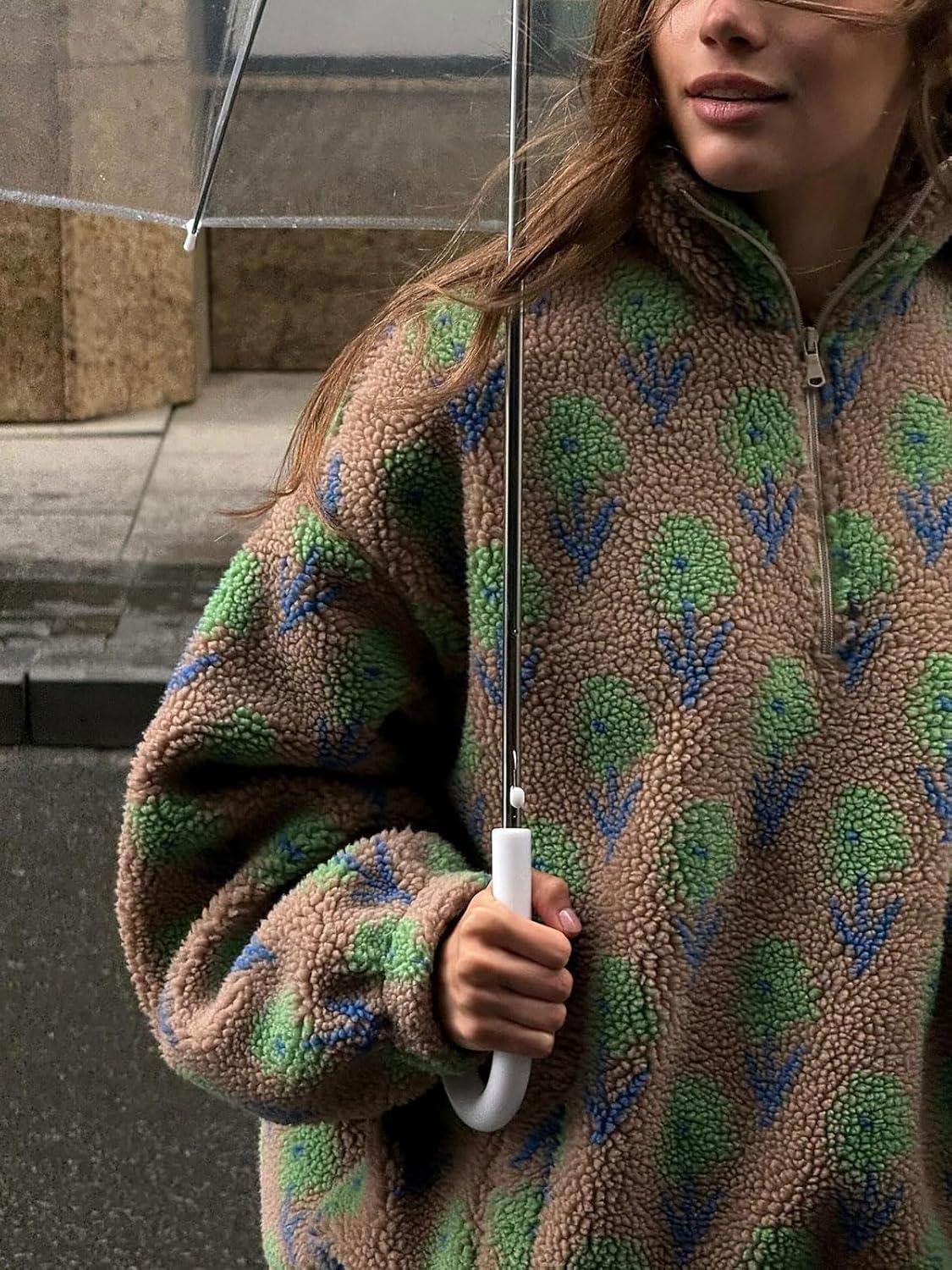 imageCHARTOU Womens Half Zip Floral Sherpa Fleece Pullover Stand Collar Oversized Sweatshirt Cute Long Sleeve TopBrown