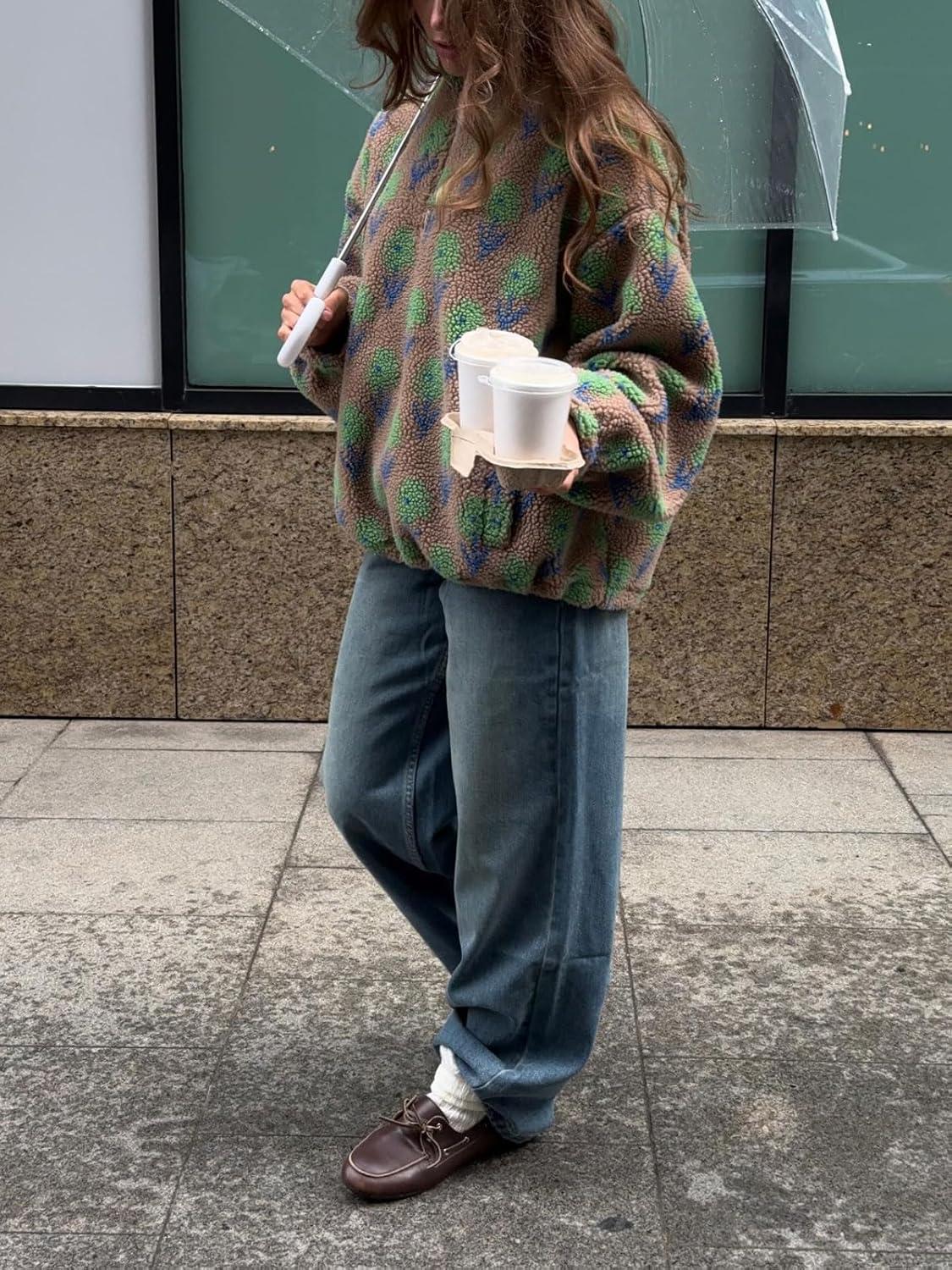 imageCHARTOU Womens Half Zip Floral Sherpa Fleece Pullover Stand Collar Oversized Sweatshirt Cute Long Sleeve TopBrown