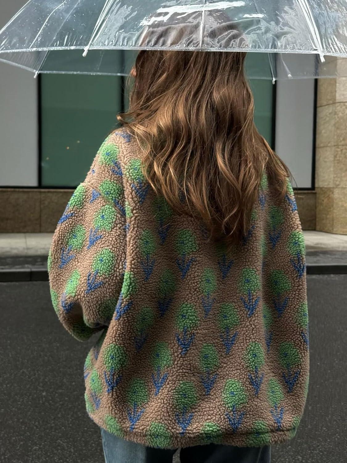 imageCHARTOU Womens Half Zip Floral Sherpa Fleece Pullover Stand Collar Oversized Sweatshirt Cute Long Sleeve TopBrown