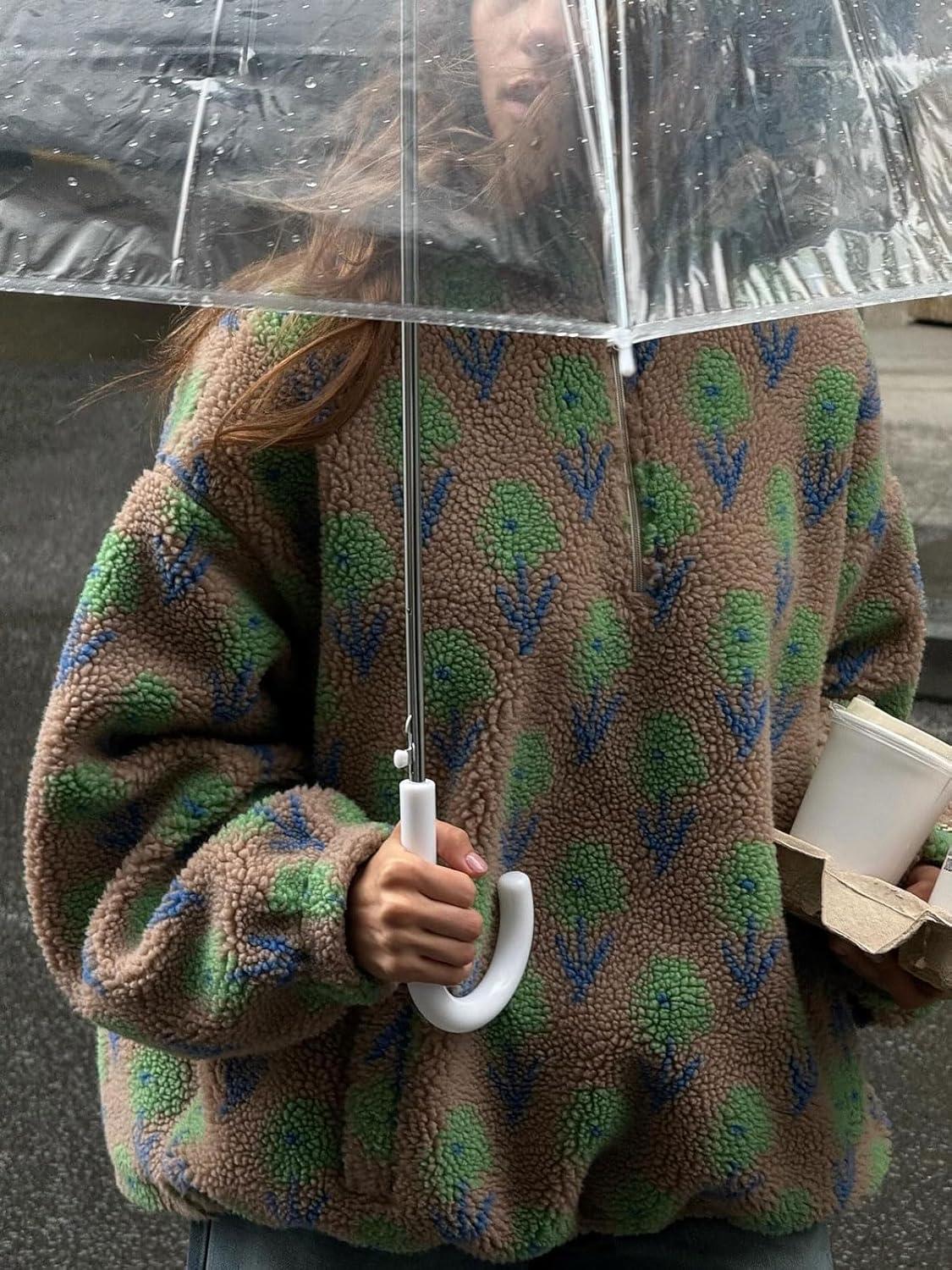 imageCHARTOU Womens Half Zip Floral Sherpa Fleece Pullover Stand Collar Oversized Sweatshirt Cute Long Sleeve TopBrown