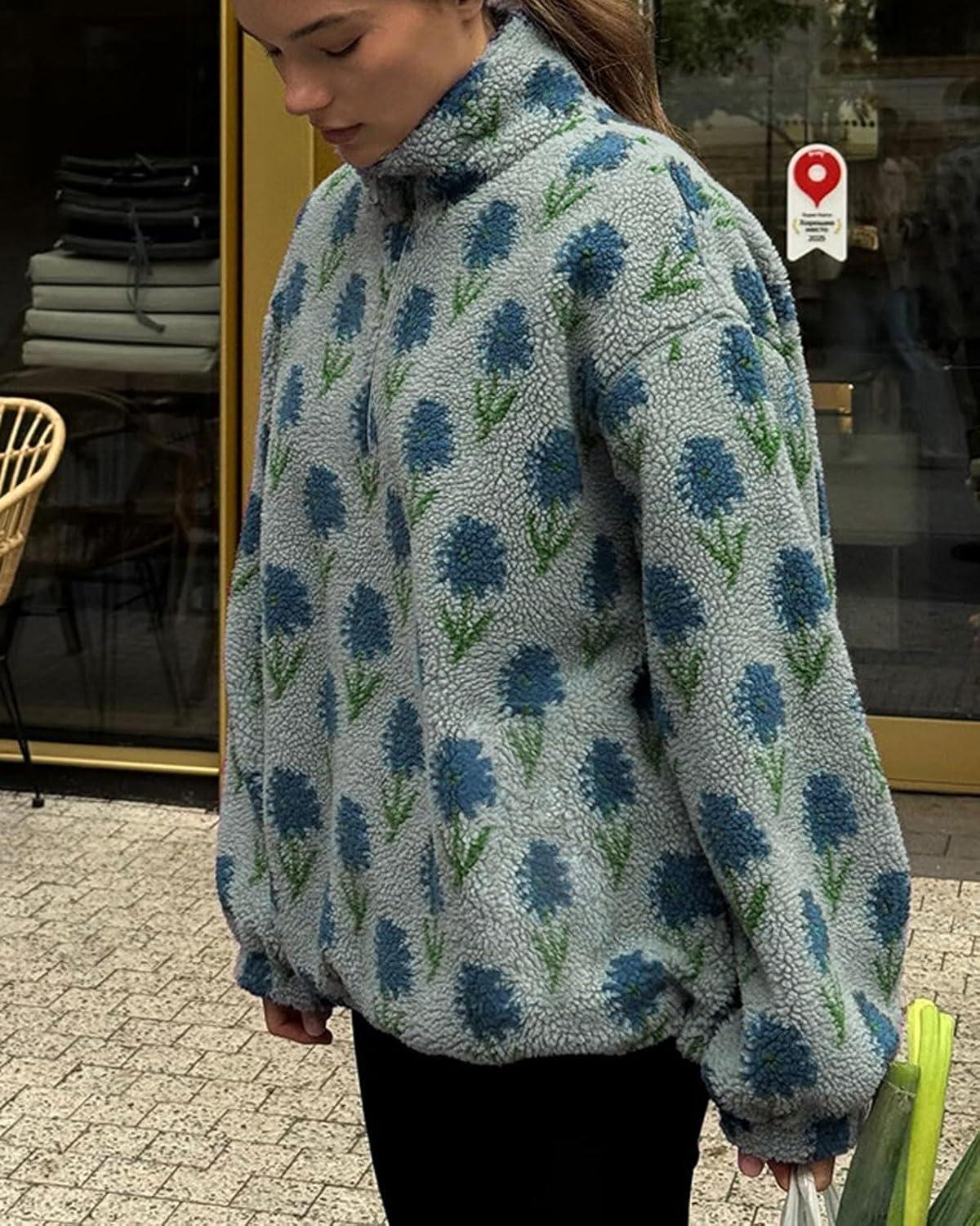 imageCHARTOU Womens Half Zip Floral Sherpa Fleece Pullover Stand Collar Oversized Sweatshirt Cute Long Sleeve TopGreen