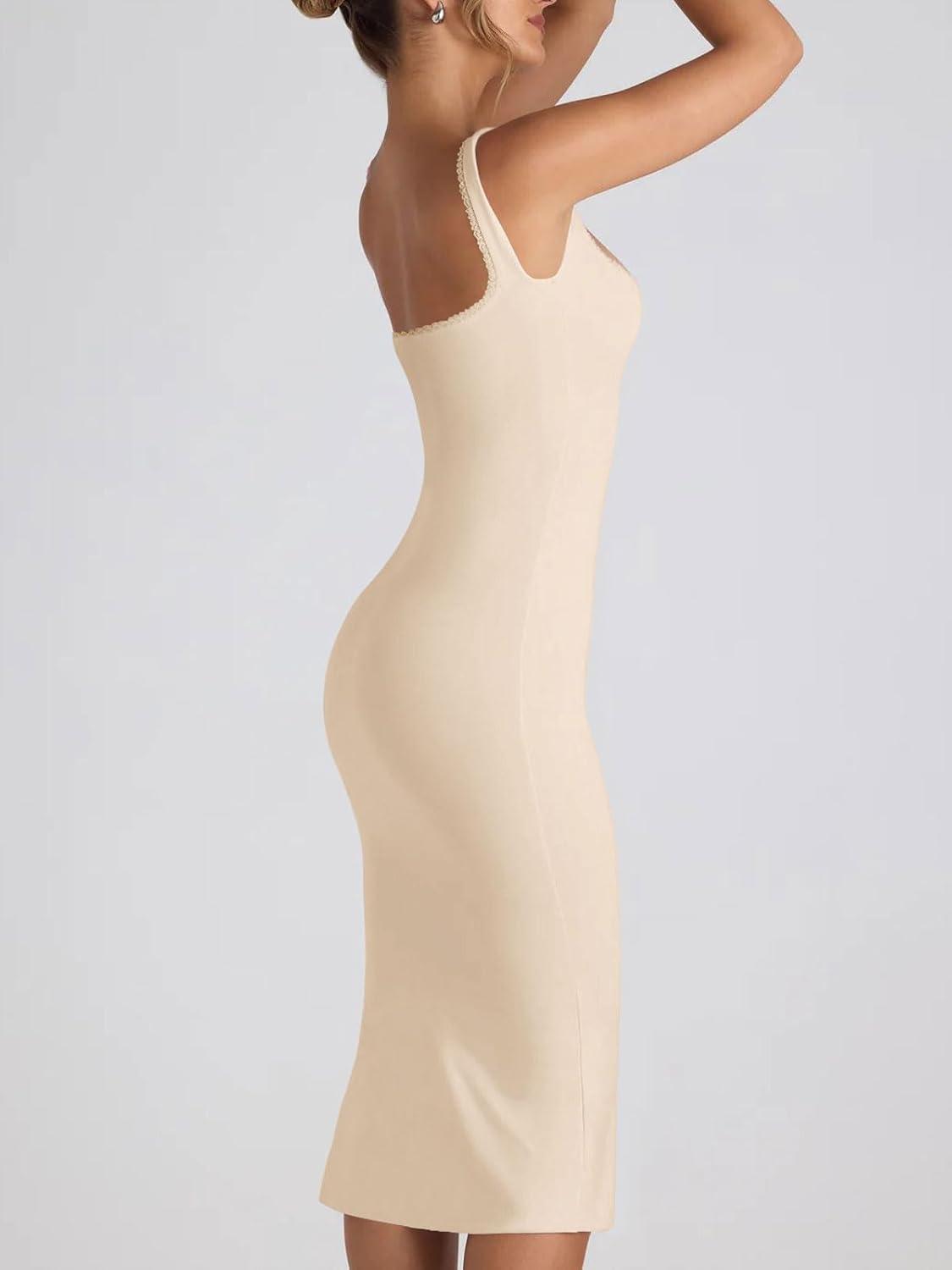 imageCHARTOU Womens Sexy Tight Sleeveless Bodycon Tank Midi Dress Stretch Plain Lace Trim Square Neck Party DressApricot