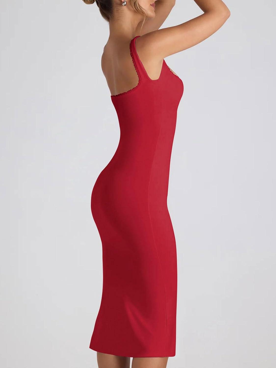 imageCHARTOU Womens Sexy Tight Sleeveless Bodycon Tank Midi Dress Stretch Plain Lace Trim Square Neck Party DressRed